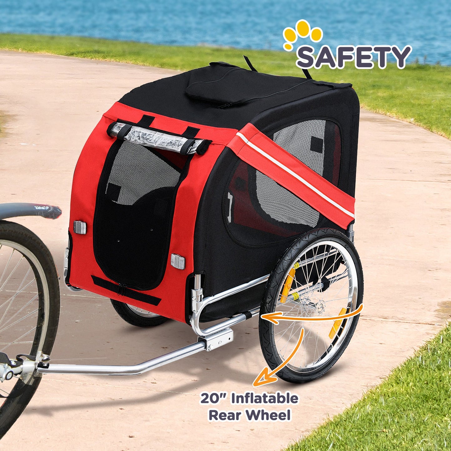 Dog Bike Trailer Pet Cart Bicycle Wagon Cargo Carrier Attachment for Travel with 3 Entrances Large Wheels for Off-Road & Mesh Screen, Red/ Black