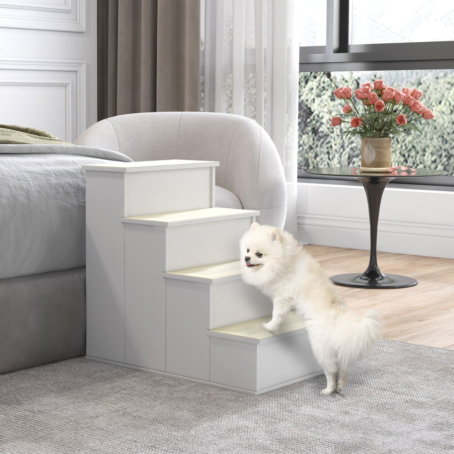 Pet Stairs Dog Steps for High Bed, 4 Levels Dog Stairs for Car, Wooden Cat Ladder with Non-Slip Carpet, 15.7" L x 23.2" W x 21.3" H, White
