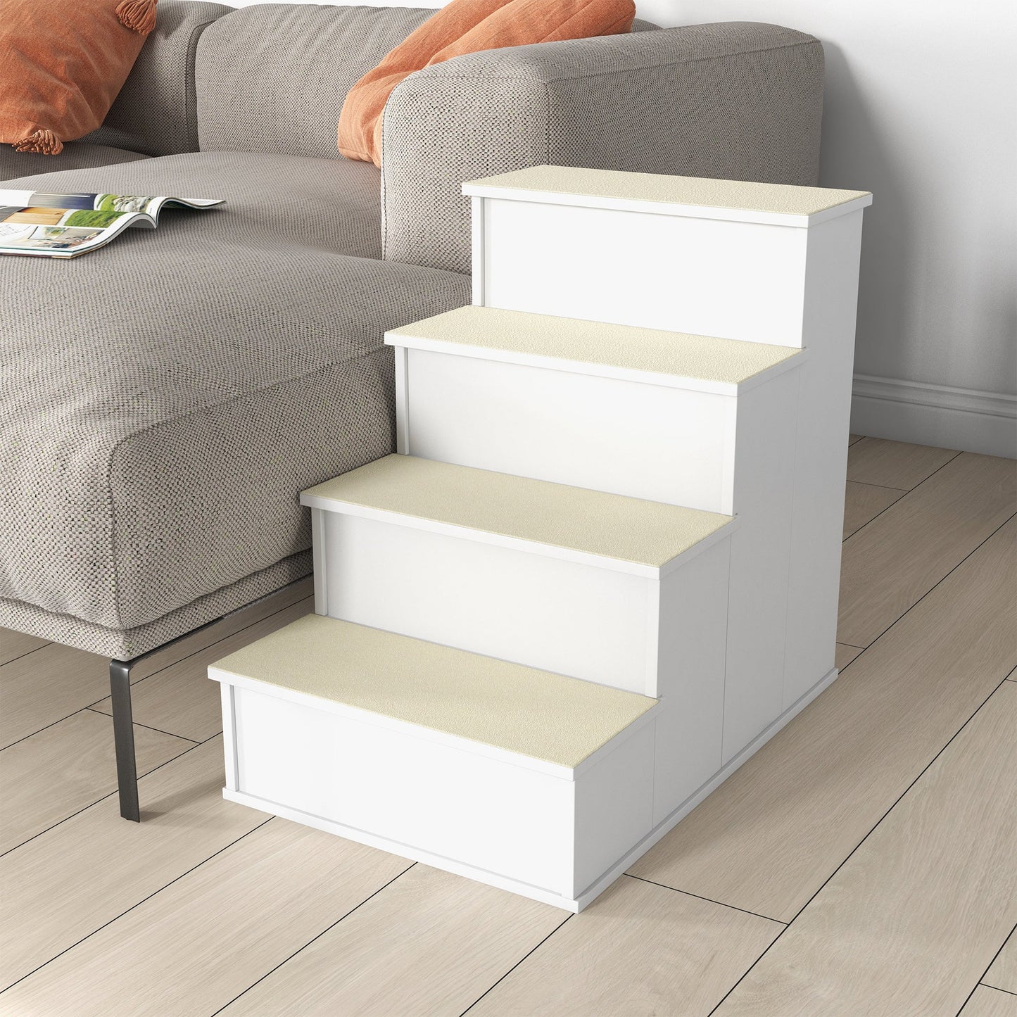 Pet Stairs Dog Steps for High Bed, 4 Levels Dog Stairs for Car, Wooden Cat Ladder with Non-Slip Carpet, 15.7" L x 23.2" W x 21.3" H, White