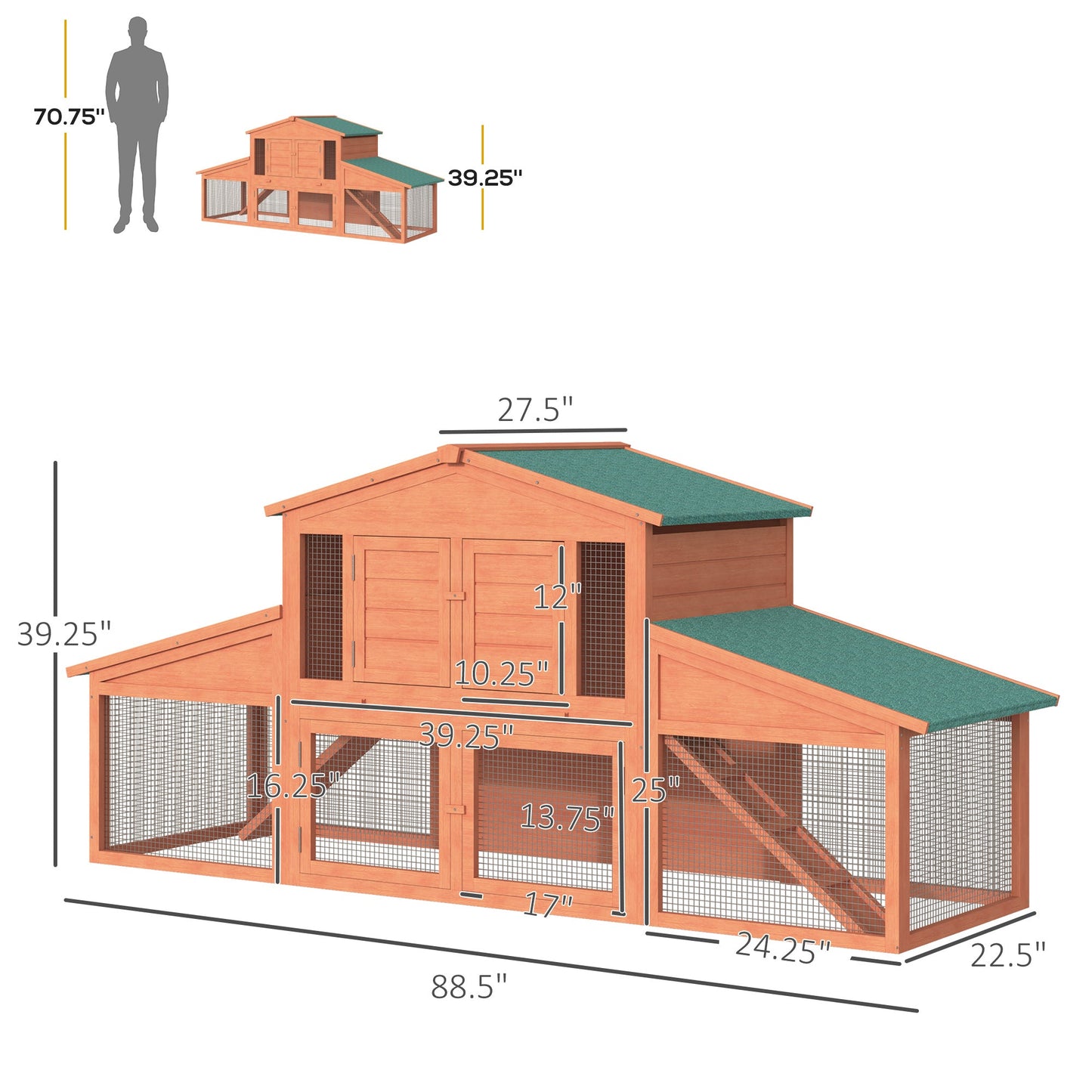 88.5" x 27.5" x 39.25" Deluxe Wooden Rabbit Hutch Backyard Bunny Cage Small Animal Living House with Outdoor Run, Orange