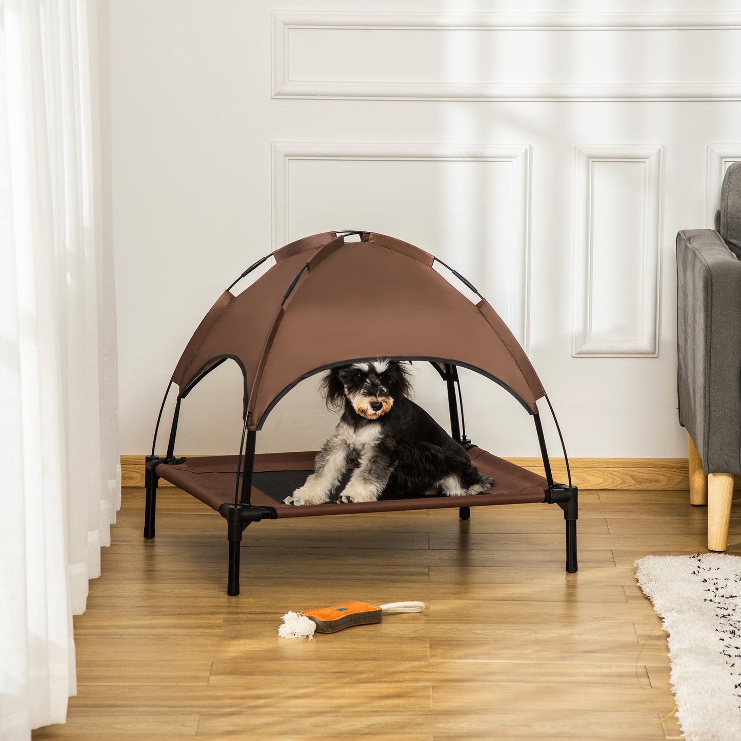 Elevated Dog Bed with Canopy, Portable Raised Dog Cot for M Sized Dogs, Indoor & Outdoor, 30" x 24" x 29", Coffee