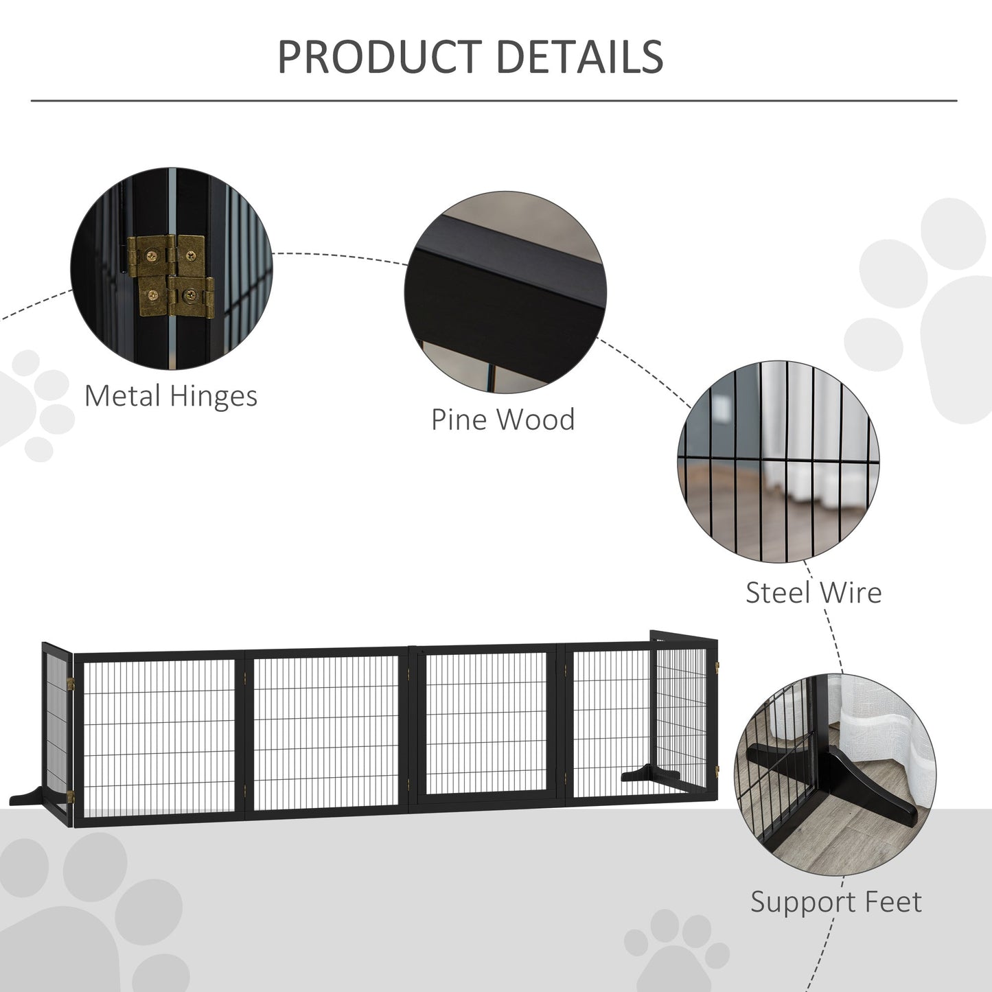 Wooden Pet Gate, Dog Safety Barrier, Freestanding Foldable Fence, w/ 6 Panels, 2 Support Feet, for House Doorway Stairs, Small & Medium Dogs, Black