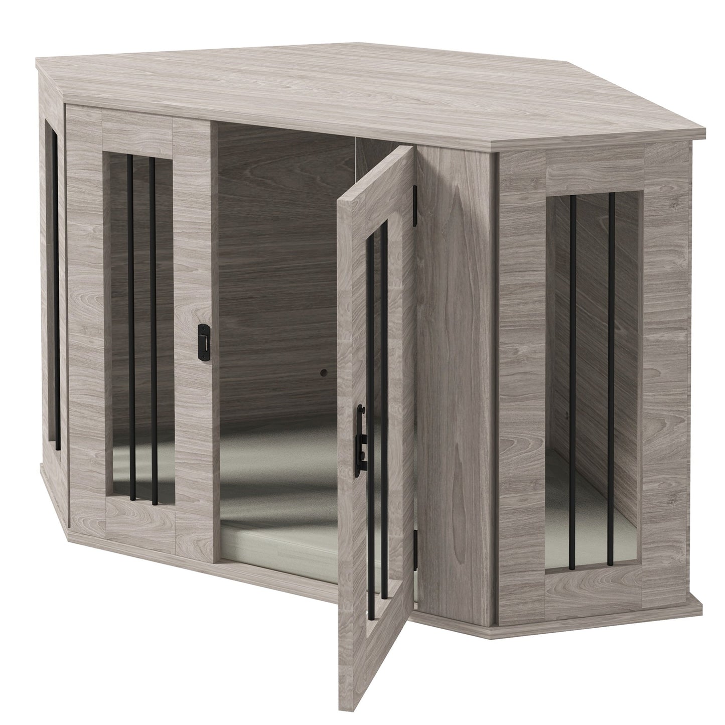 41" Dog Crate Furniture, Corner Dog Crate End Table for Medium and Small Dogs, Indoor Dog Cage with Cushion, Door, Lock, Walnut Brown