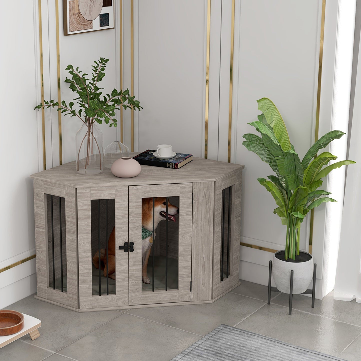 41" Dog Crate Furniture, Corner Dog Crate End Table for Medium and Small Dogs, Indoor Dog Cage with Cushion, Door, Lock, Walnut Brown