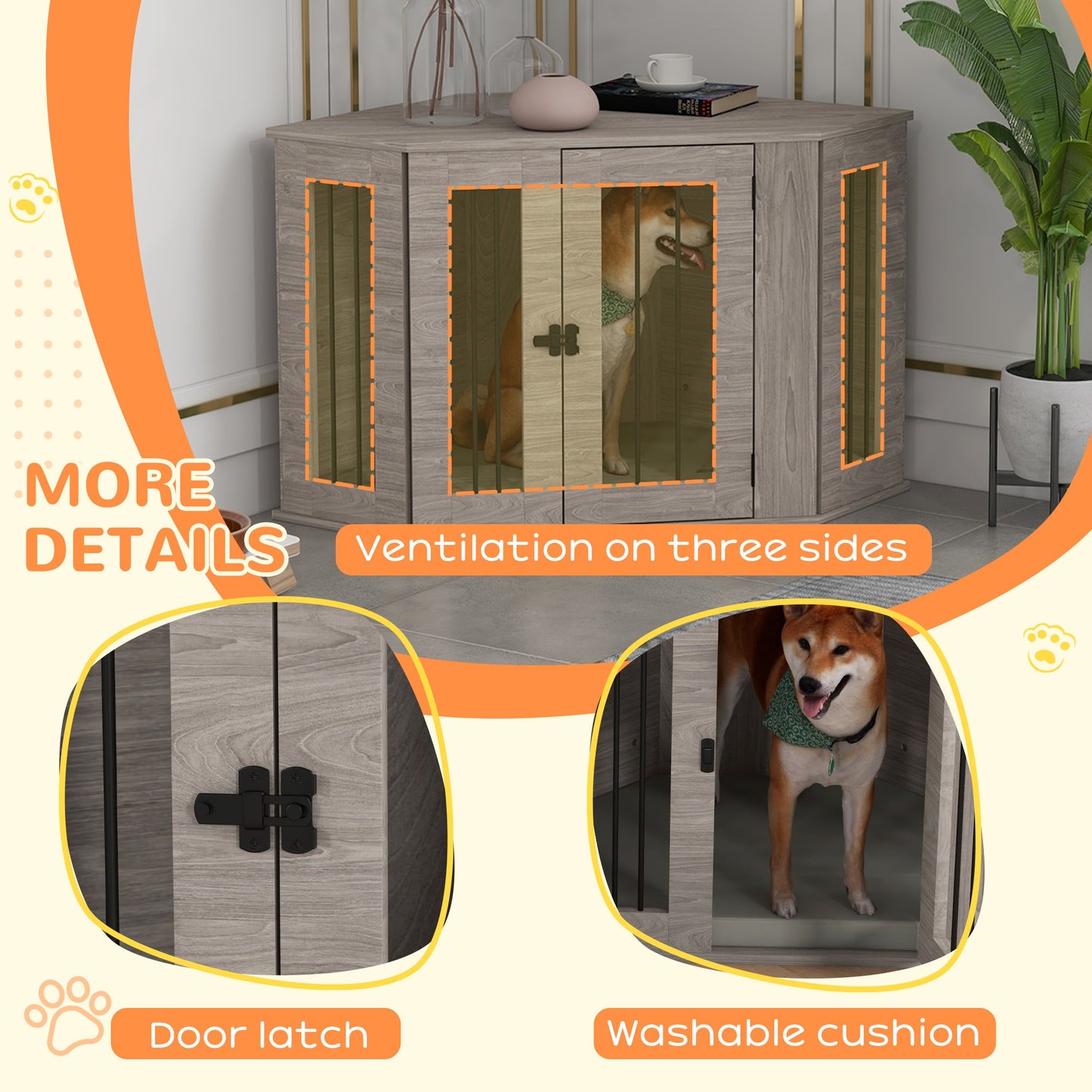 41" Dog Crate Furniture, Corner Dog Crate End Table for Medium and Small Dogs, Indoor Dog Cage with Cushion, Door, Lock, Walnut Brown