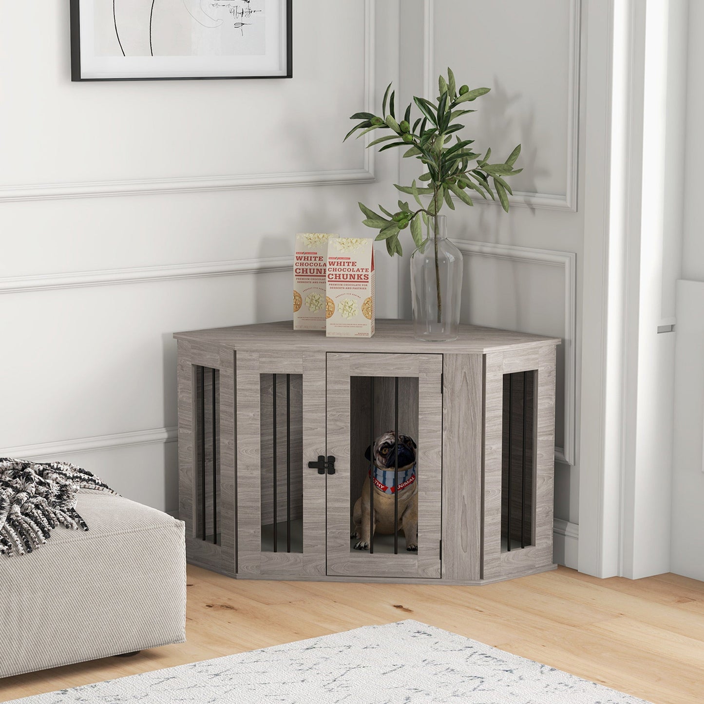 41" Dog Crate Furniture, Corner Dog Crate End Table for Medium and Small Dogs, Indoor Dog Cage with Cushion, Door, Lock, Walnut Brown