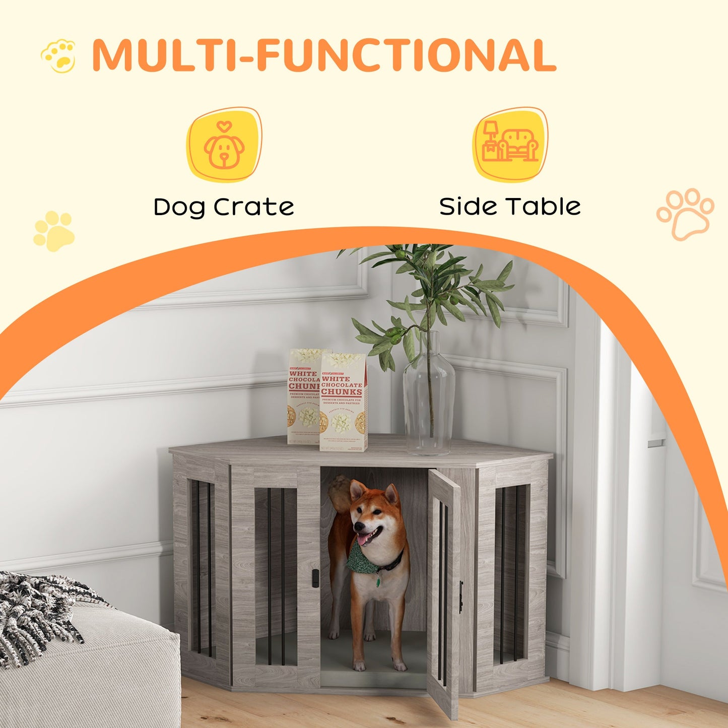 41" Dog Crate Furniture, Corner Dog Crate End Table for Medium and Small Dogs, Indoor Dog Cage with Cushion, Door, Lock, Walnut Brown
