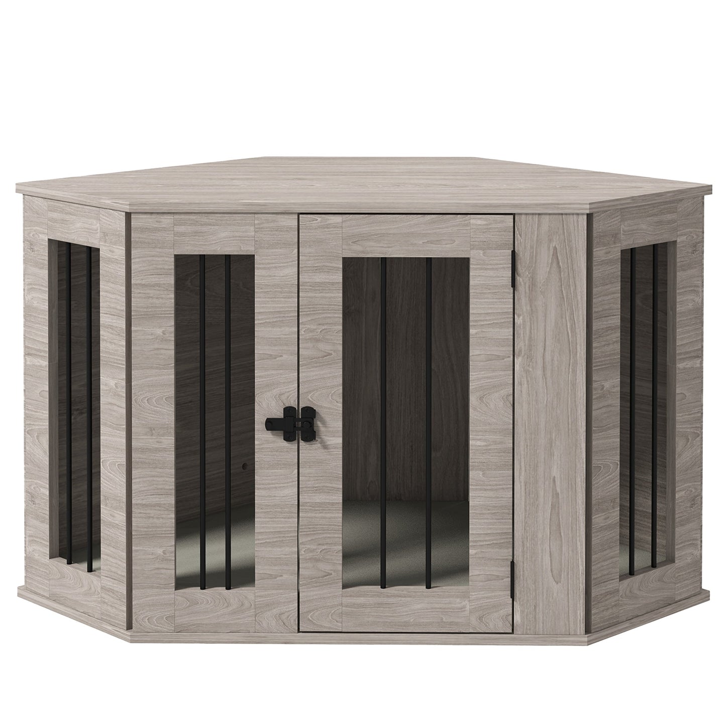 41" Dog Crate Furniture, Corner Dog Crate End Table for Medium and Small Dogs, Indoor Dog Cage with Cushion, Door, Lock, Walnut Brown