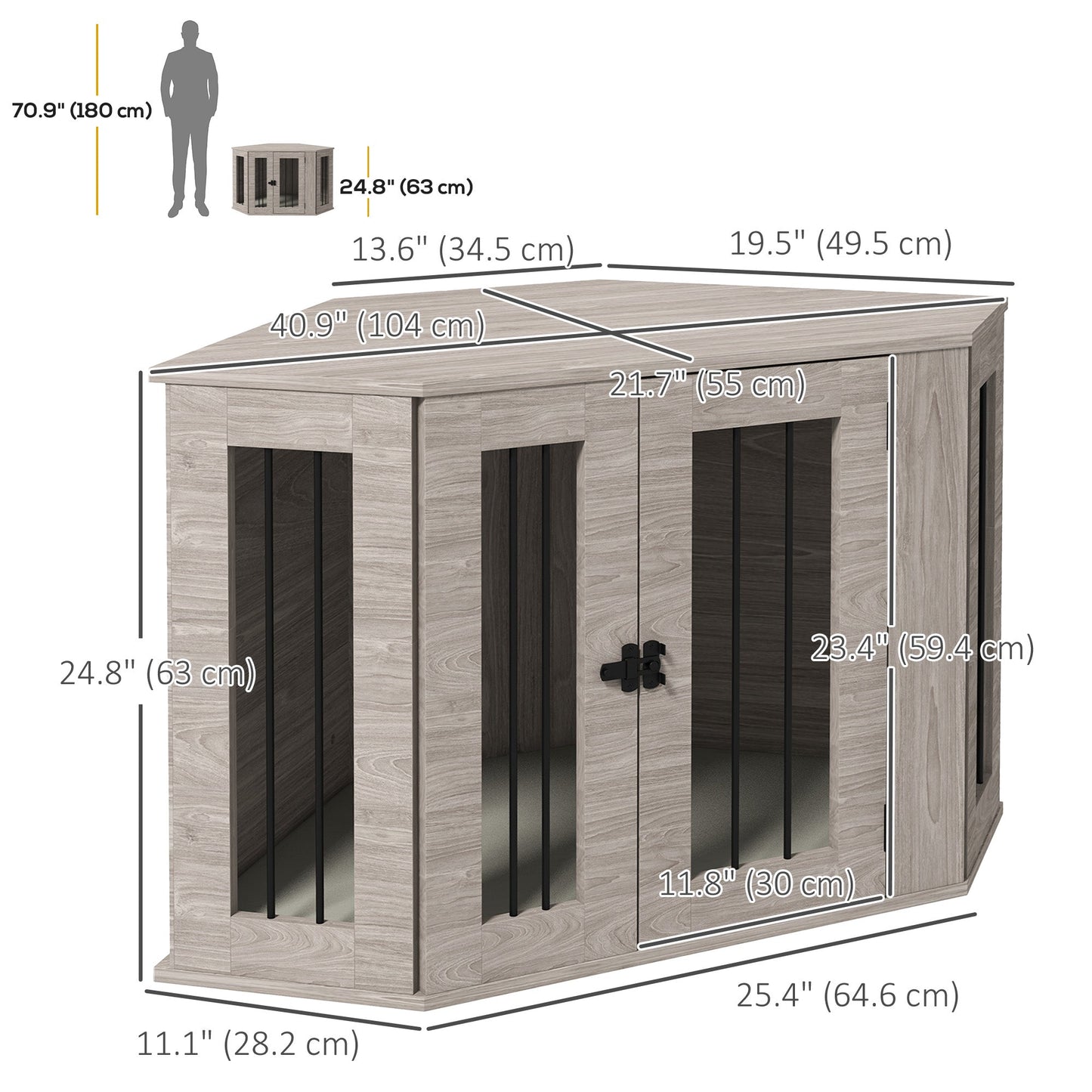 41" Dog Crate Furniture, Corner Dog Crate End Table for Medium and Small Dogs, Indoor Dog Cage with Cushion, Door, Lock, Walnut Brown