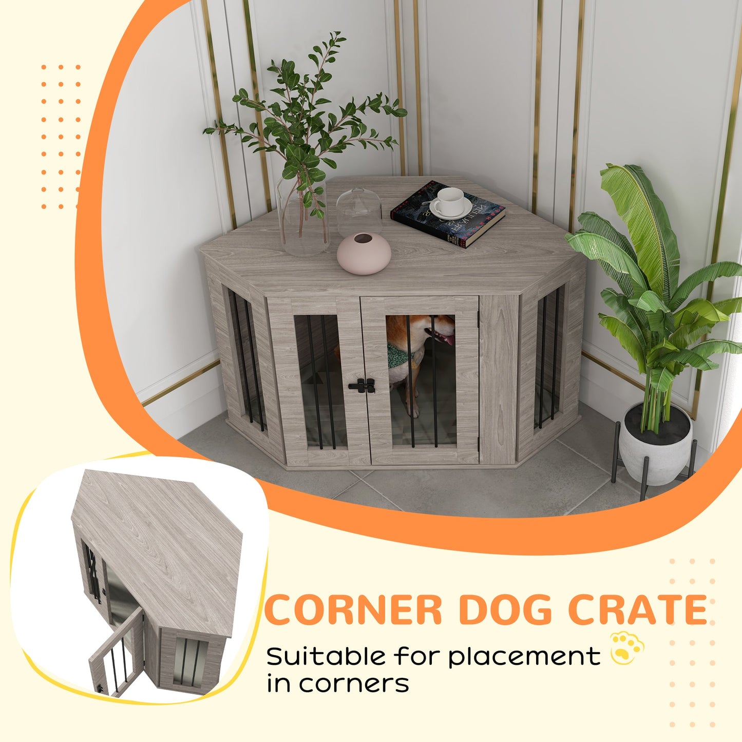 41" Dog Crate Furniture, Corner Dog Crate End Table for Medium and Small Dogs, Indoor Dog Cage with Cushion, Door, Lock, Walnut Brown