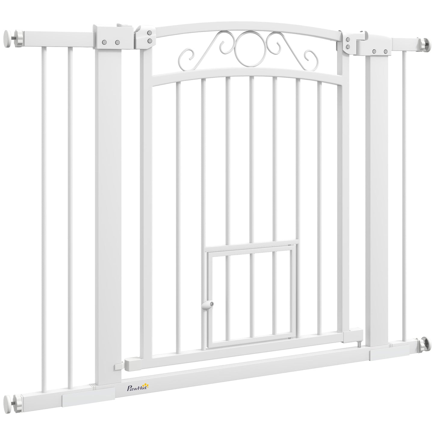 Dog Gate, Walk Through Pet Gate with Small Pet Door, Auto Close, for Doorways, House, Stair, 2 Extension Kits, Pressure Mount Kit, 30"-41" W x 30" H