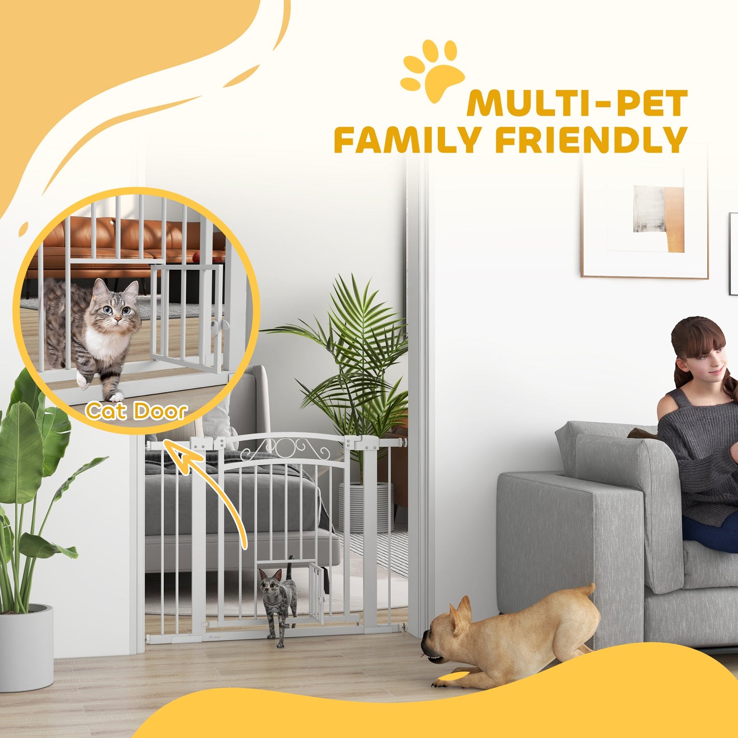 Dog Gate, Walk Through Pet Gate with Small Pet Door, Auto Close, for Doorways, House, Stair, 2 Extension Kits, Pressure Mount Kit, 30"-41" W x 30" H