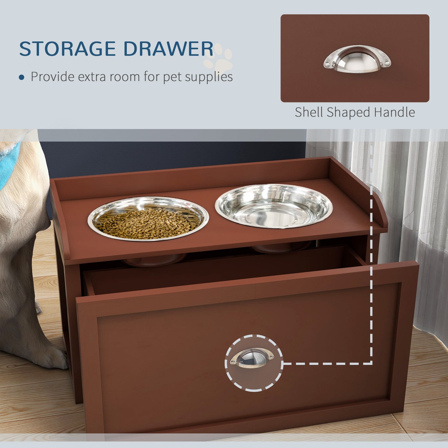 Elevated Dog Bowls for Large Dogs, Raised Pet Feeding Station with 2 Stainless Steel Bowls, Hidden Storage Drawer, Wood Stand for Cats, Brown