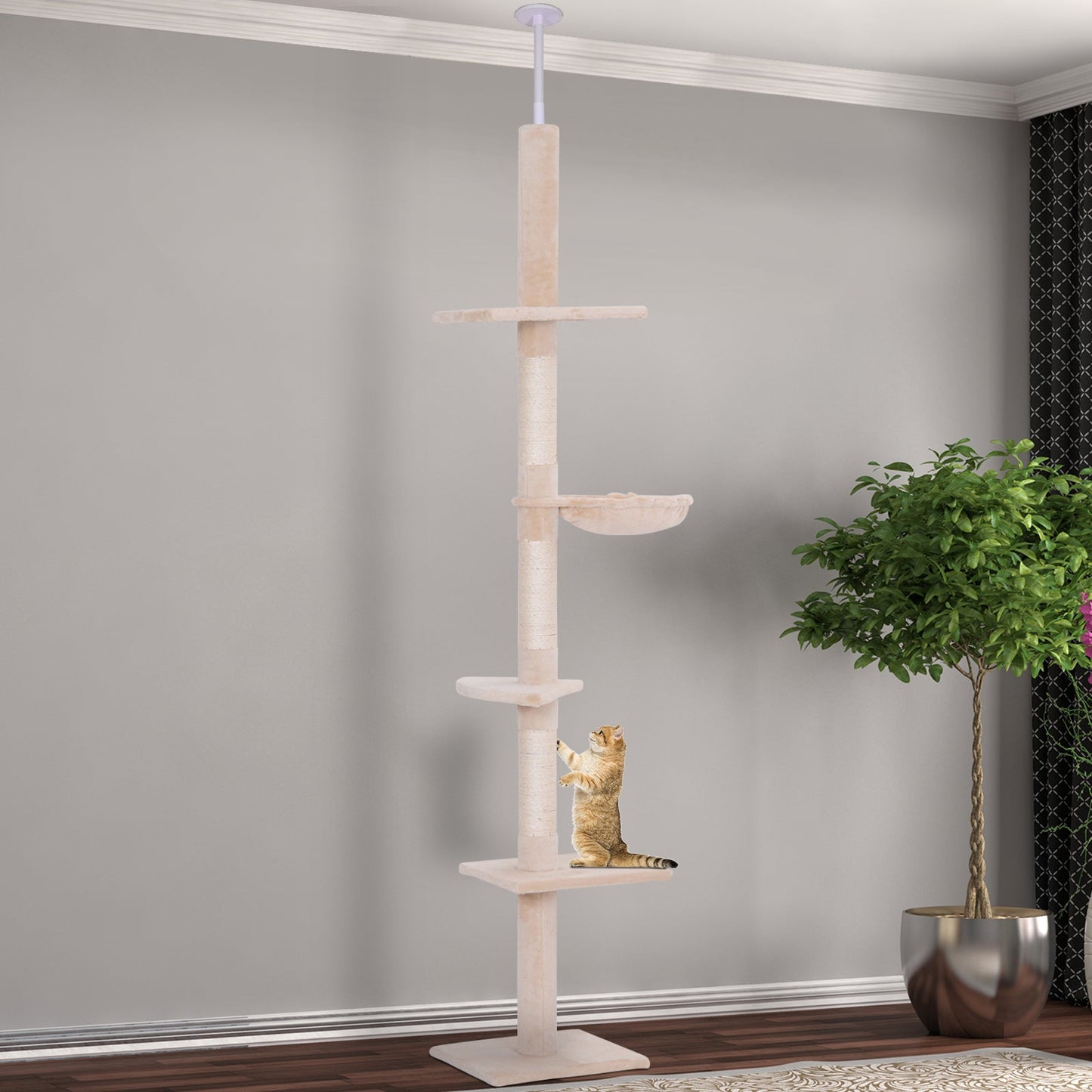 8.5ft Cat Climbing Tree 5-Tier Kitty Activity Center Floor-to-Ceiling Cat Climber Toy with Scratching Post Play Rest Post Pet Furniture Beige