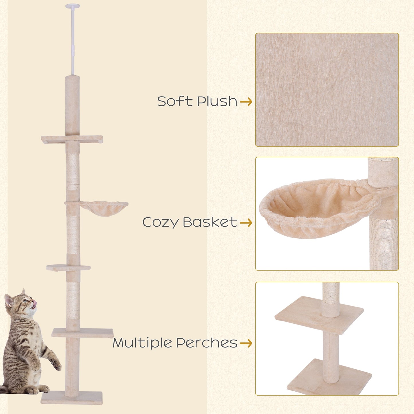 8.5ft Cat Climbing Tree 5-Tier Kitty Activity Center Floor-to-Ceiling Cat Climber Toy with Scratching Post Play Rest Post Pet Furniture Beige