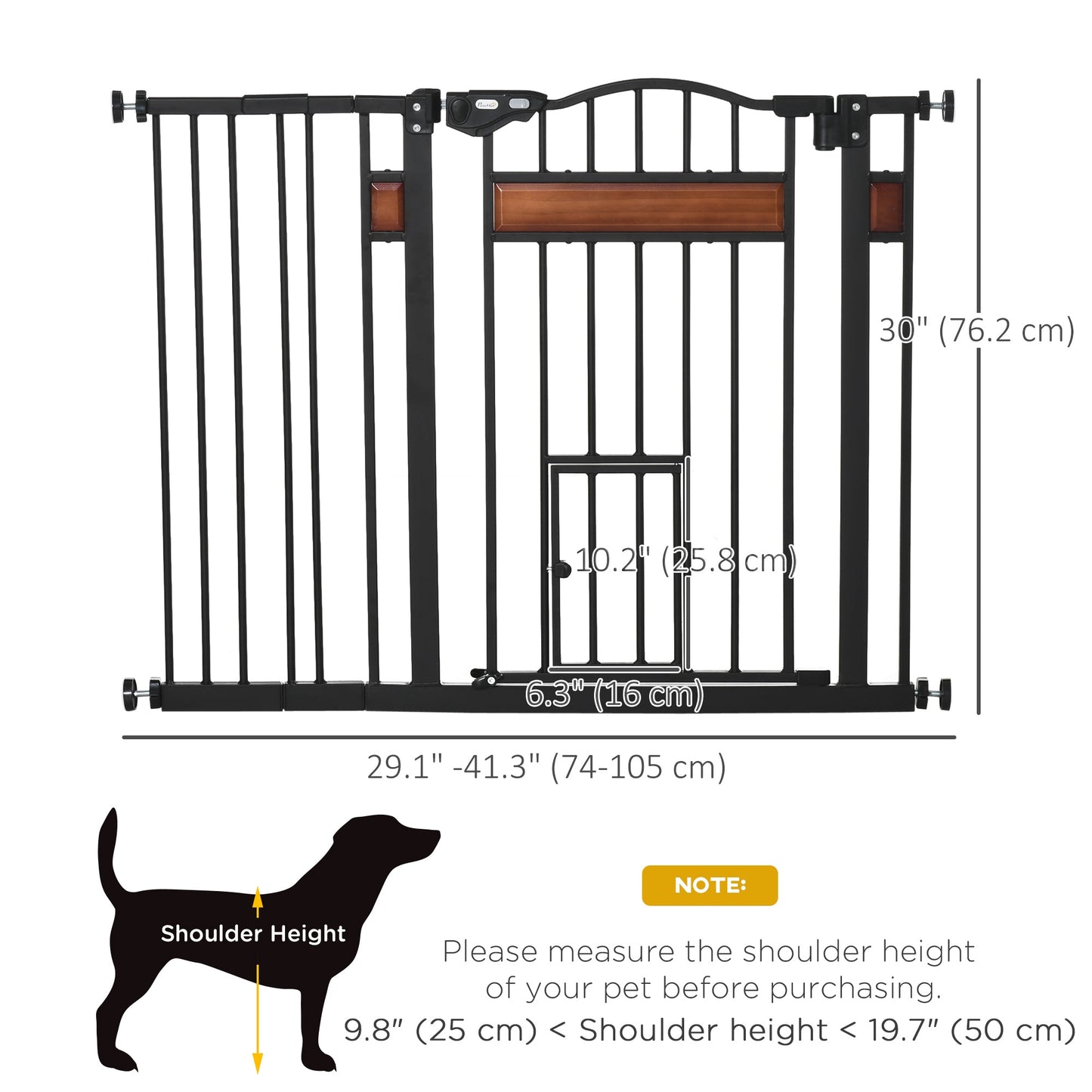 29.1''-41.3'' Extra Wide Dog Gate with Cat Door with Stair Pressure Fit, Auto Close, Double Locking, for Doorways, Hallways, Stairs, Black
