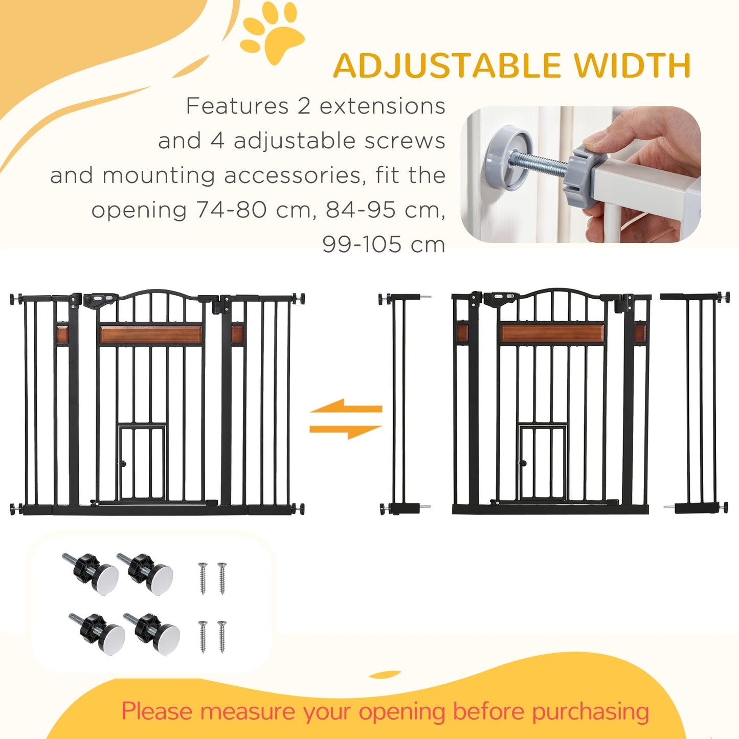 29.1''-41.3'' Extra Wide Dog Gate with Cat Door with Stair Pressure Fit, Auto Close, Double Locking, for Doorways, Hallways, Stairs, Black