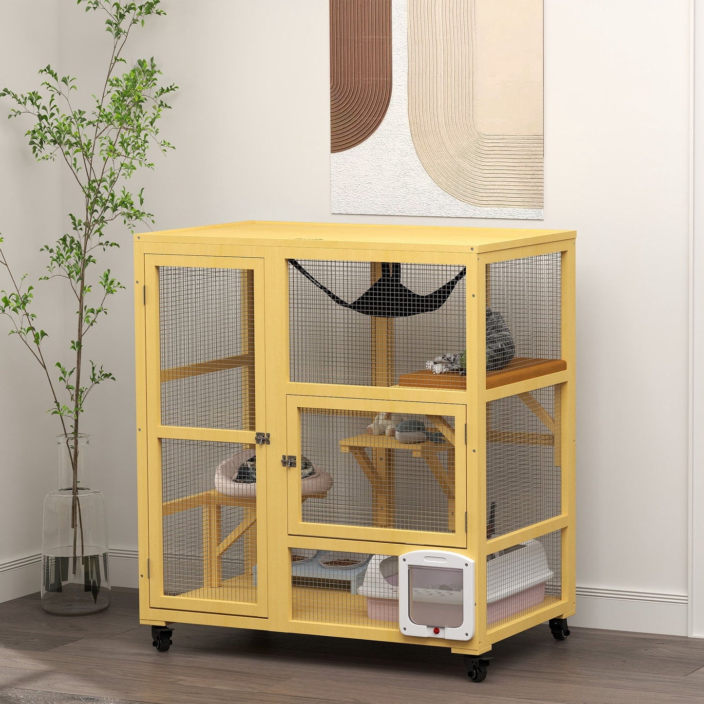 Wooden Cat House for Indoor 3 Levels Cat Condo Villa on Wheels with Flap Door Platforms Hammock Openable Top for 2 Kittens, Yellow