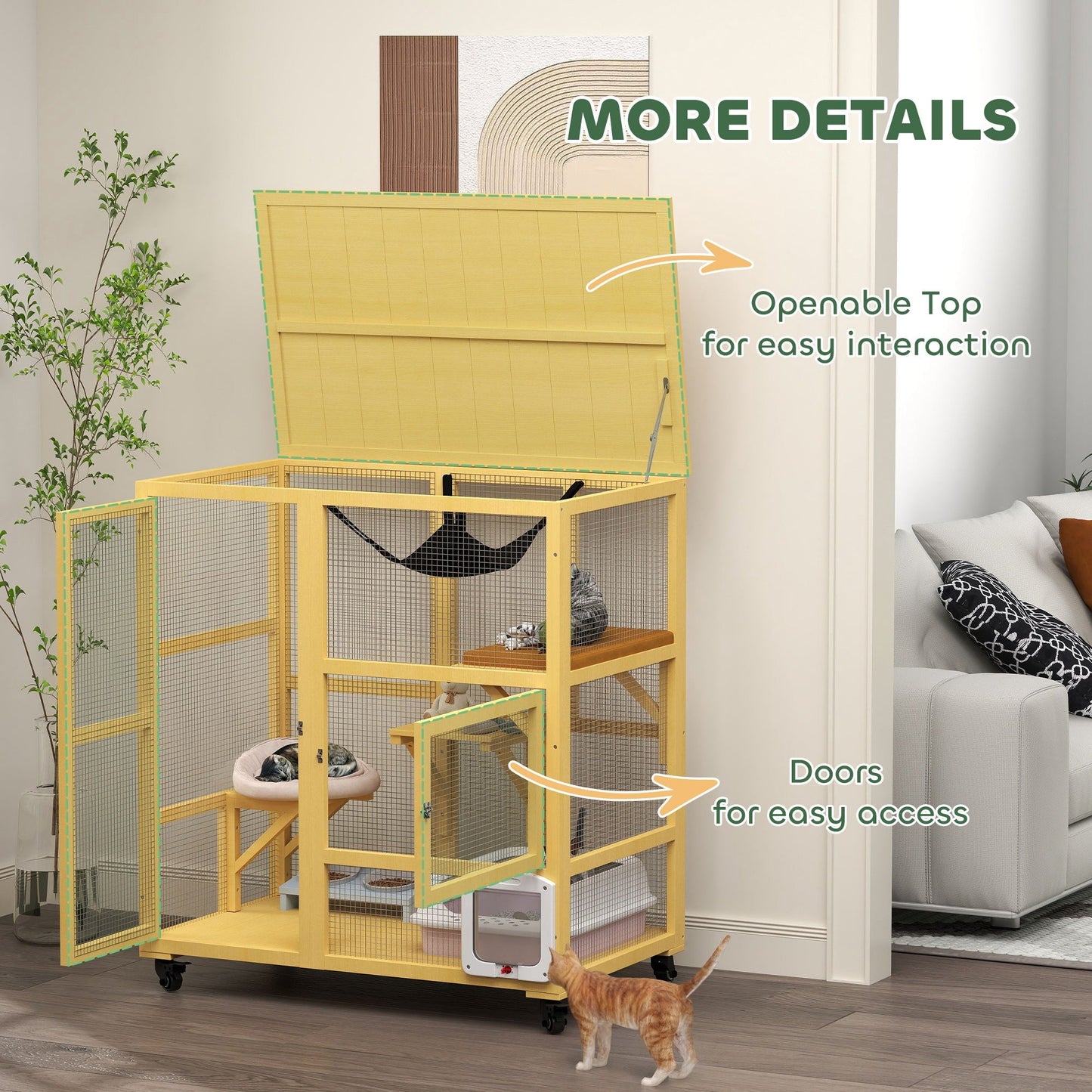 Wooden Cat House for Indoor 3 Levels Cat Condo Villa on Wheels with Flap Door Platforms Hammock Openable Top for 2 Kittens, Yellow