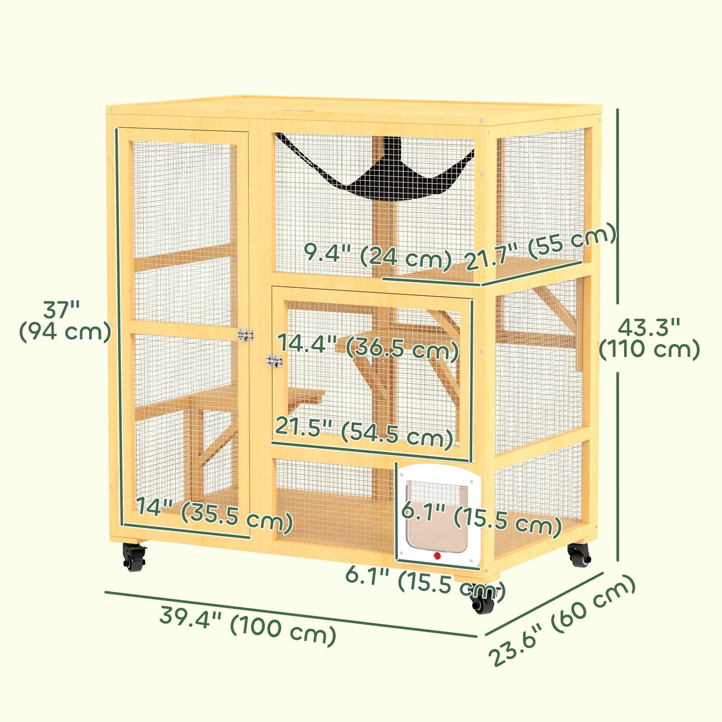 Wooden Cat House for Indoor 3 Levels Cat Condo Villa on Wheels with Flap Door Platforms Hammock Openable Top for 2 Kittens, Yellow