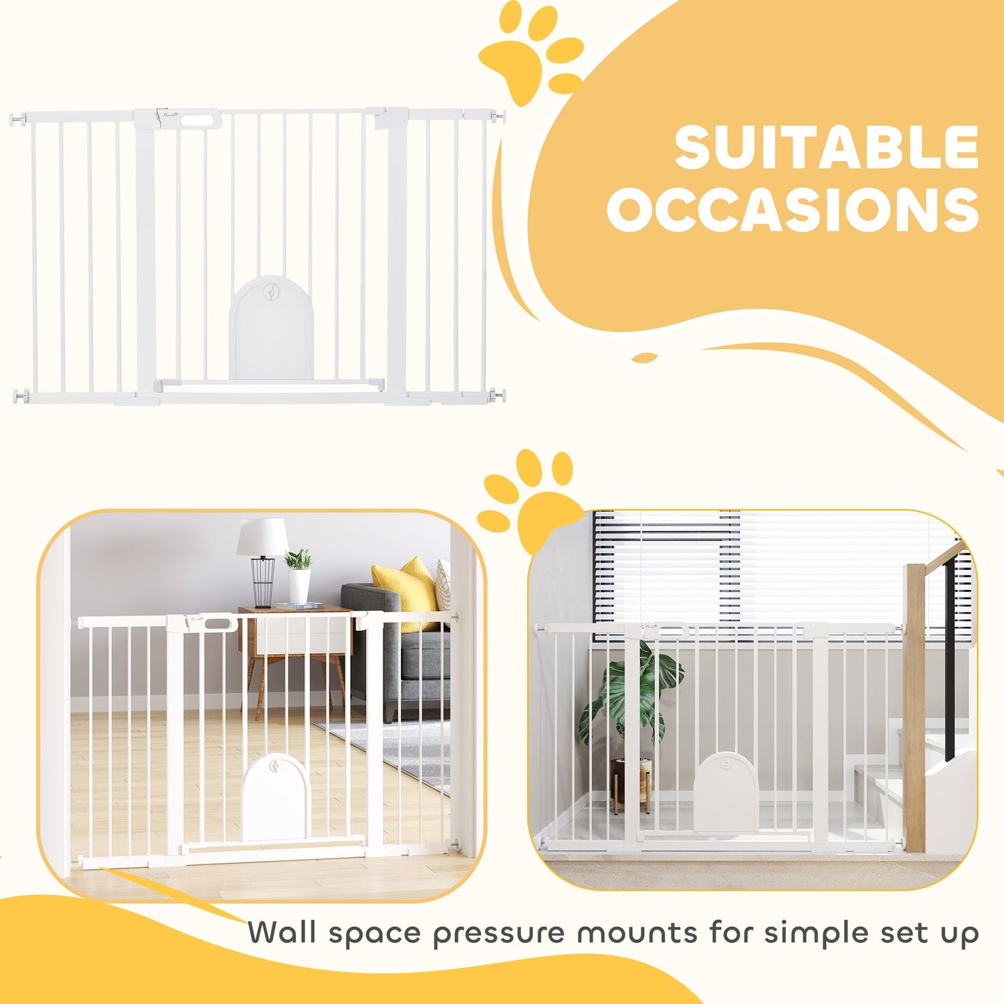 30"-52" Extra Wide Pet Gate with Small Door, 30"H Dog Gate with Safety Gate Barrier, Stair Pressure Fit, Auto Close, Double Locking, for Doorways, Hallways, White