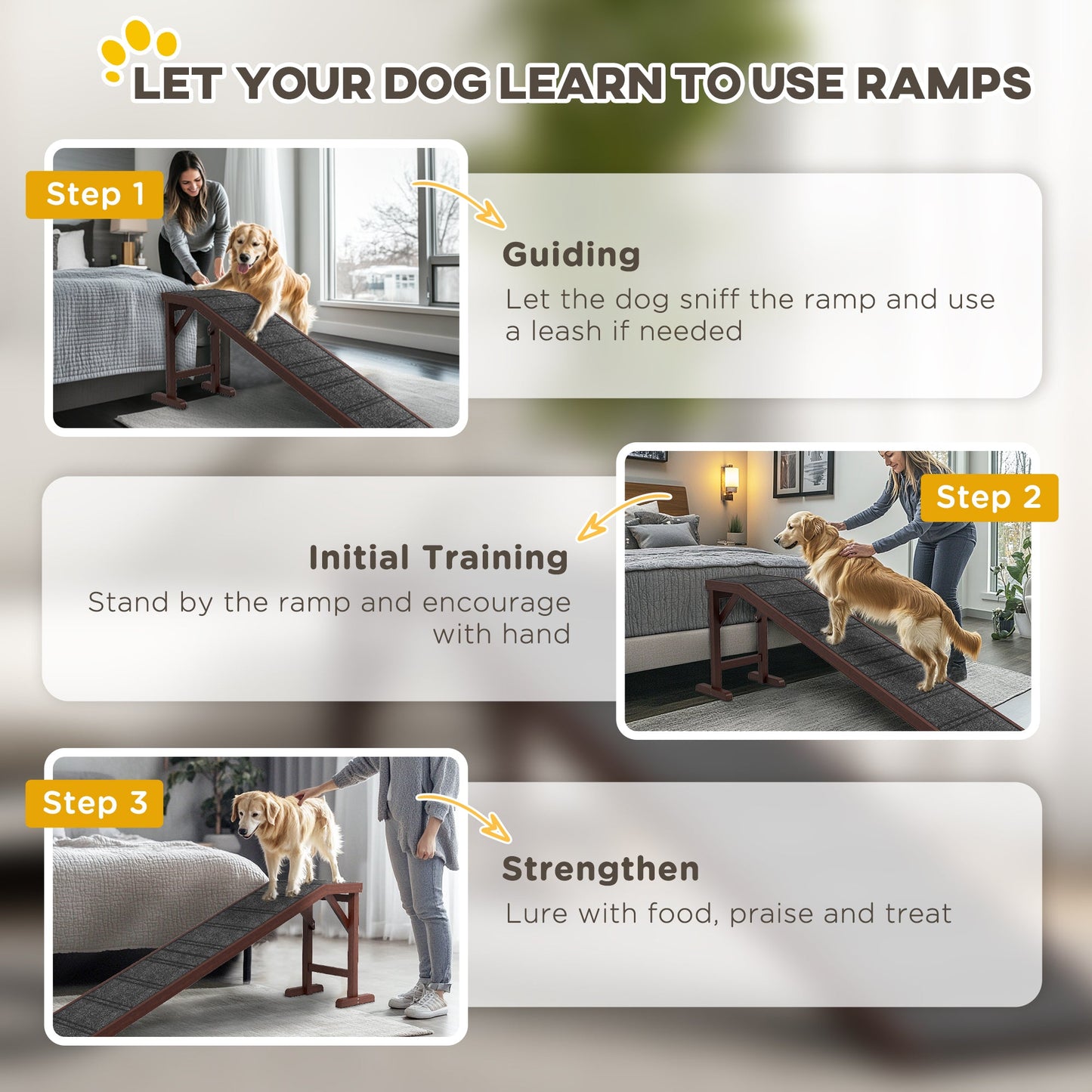 Pet Ramp Bed Steps for Dogs Cats Non-slip Carpet Top Platform Pine Wood 74"L x 16"W x 25"H Brown