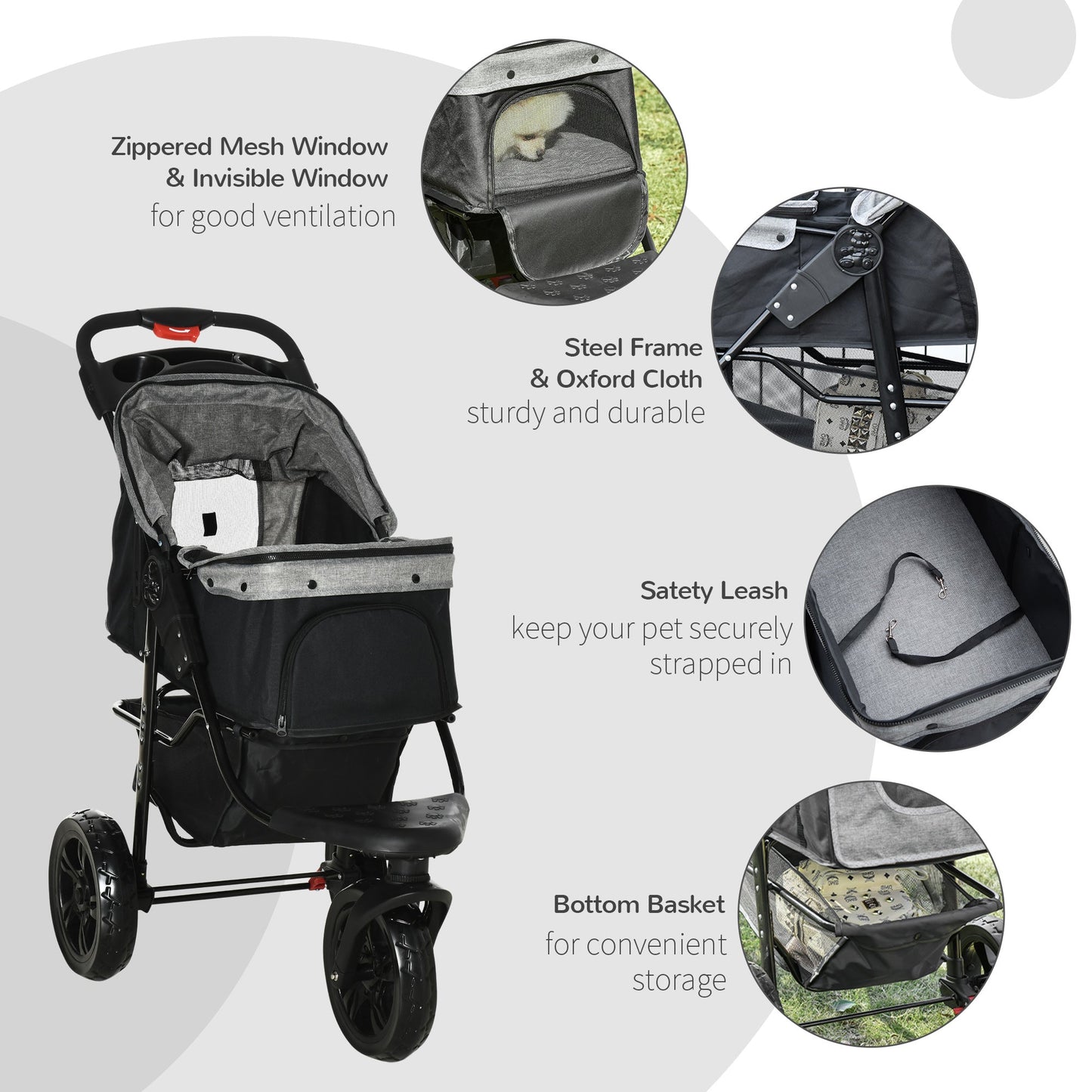 3 Wheel Dog Stroller, Folding Pet Stroller Jogger with Adjustable Canopy, Storage Basket, Mesh Window, Cupholder, for Small Dogs & Cats, Grey