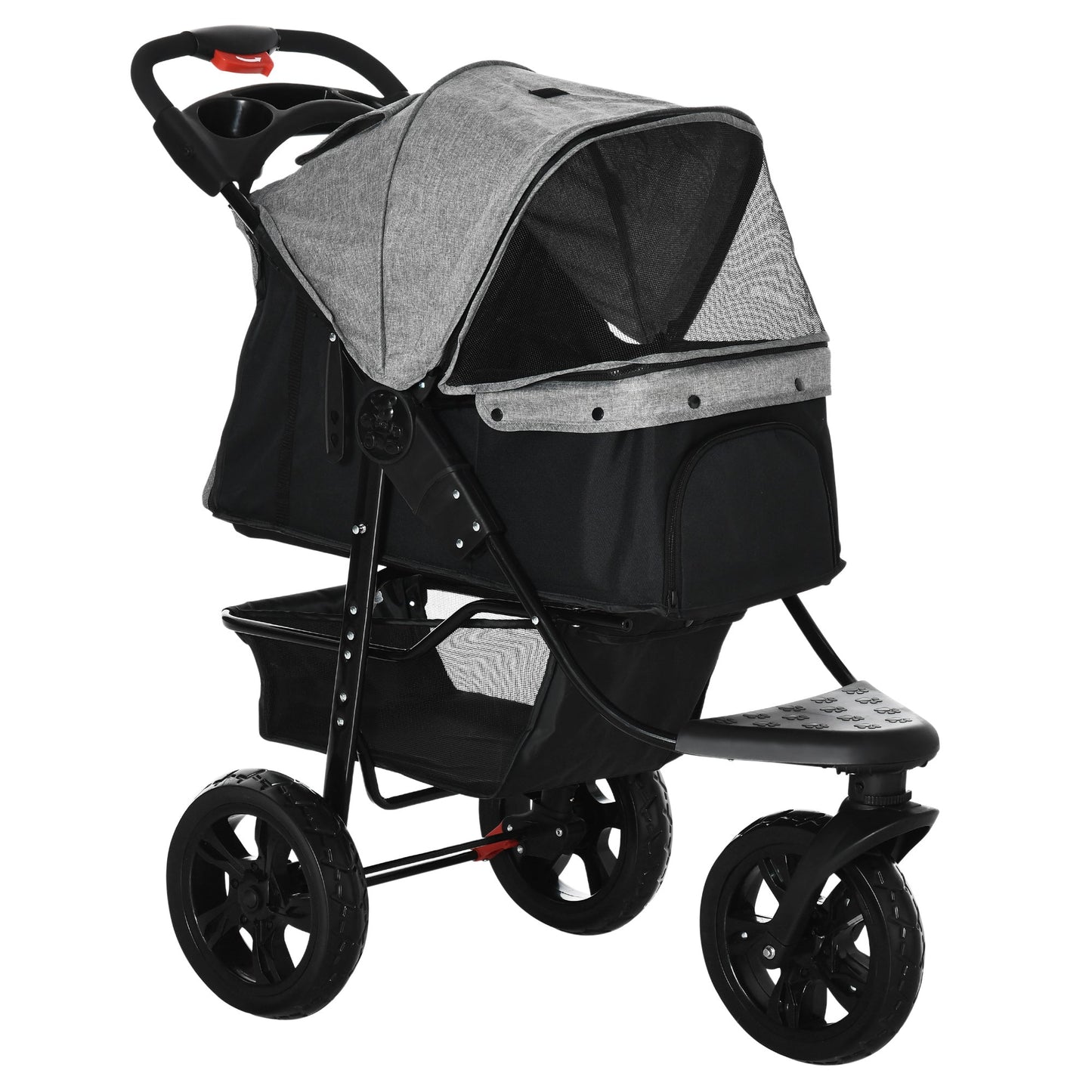 3 Wheel Dog Stroller, Folding Pet Stroller Jogger with Adjustable Canopy, Storage Basket, Mesh Window, Cupholder, for Small Dogs & Cats, Grey