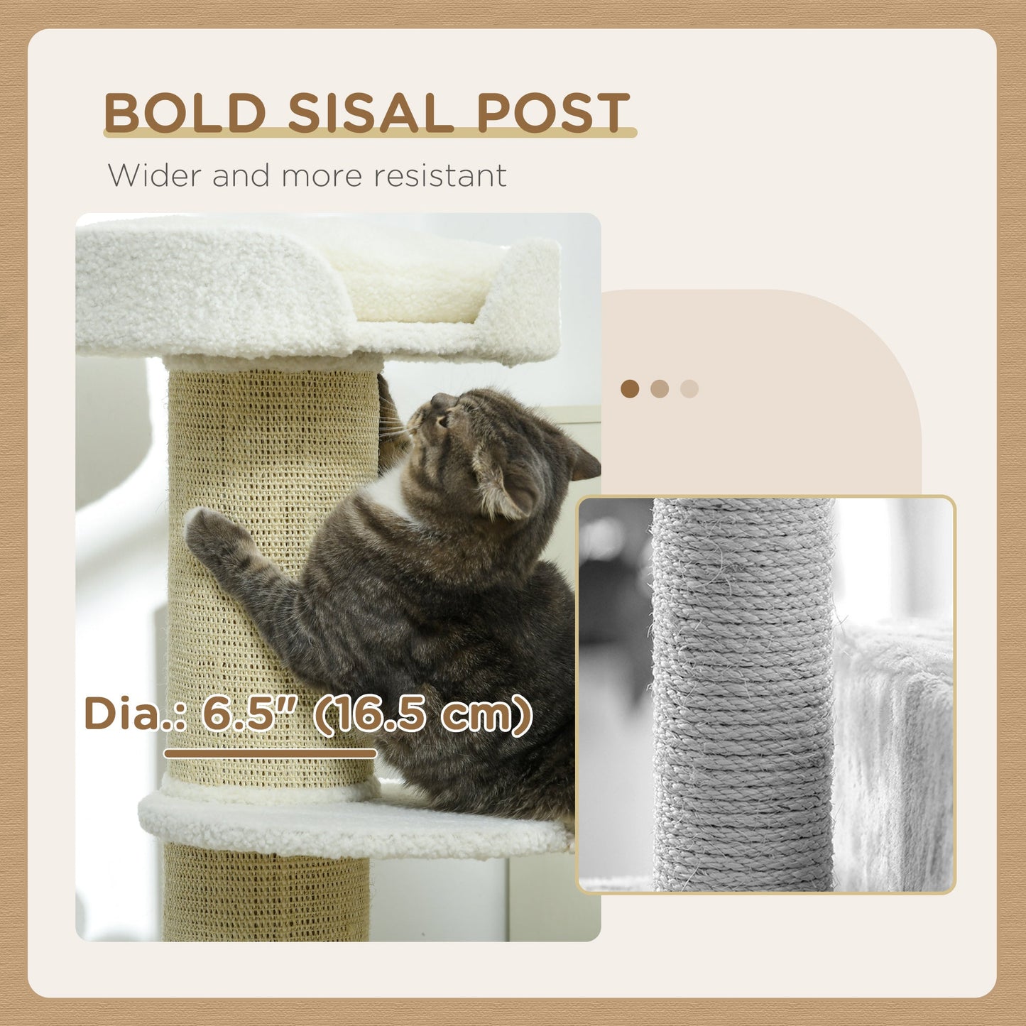 36"H Large Cat Scratching Post for Indoor Cats, Bold Cat Tree Multi-Level Kitty Tower with Sisal Mat Scratch Rope, Cat Bed, Removable Cushion, Perch, Cream White