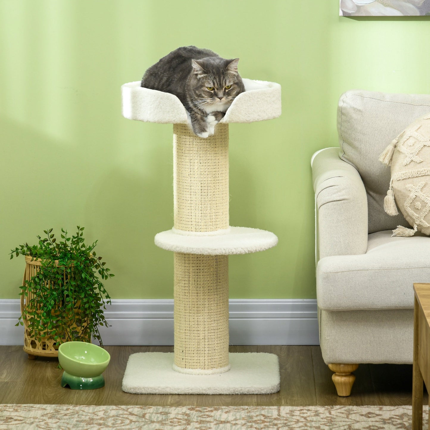 36"H Large Cat Scratching Post for Indoor Cats, Bold Cat Tree Multi-Level Kitty Tower with Sisal Mat Scratch Rope, Cat Bed, Removable Cushion, Perch, Cream White
