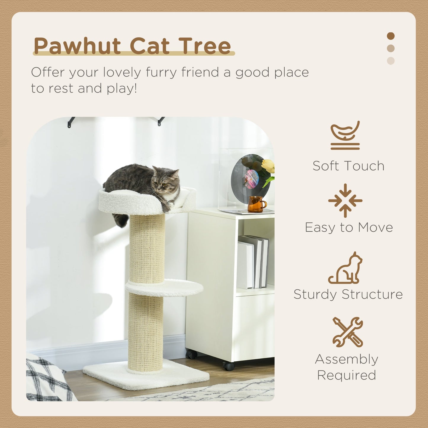 36"H Large Cat Scratching Post for Indoor Cats, Bold Cat Tree Multi-Level Kitty Tower with Sisal Mat Scratch Rope, Cat Bed, Removable Cushion, Perch, Cream White