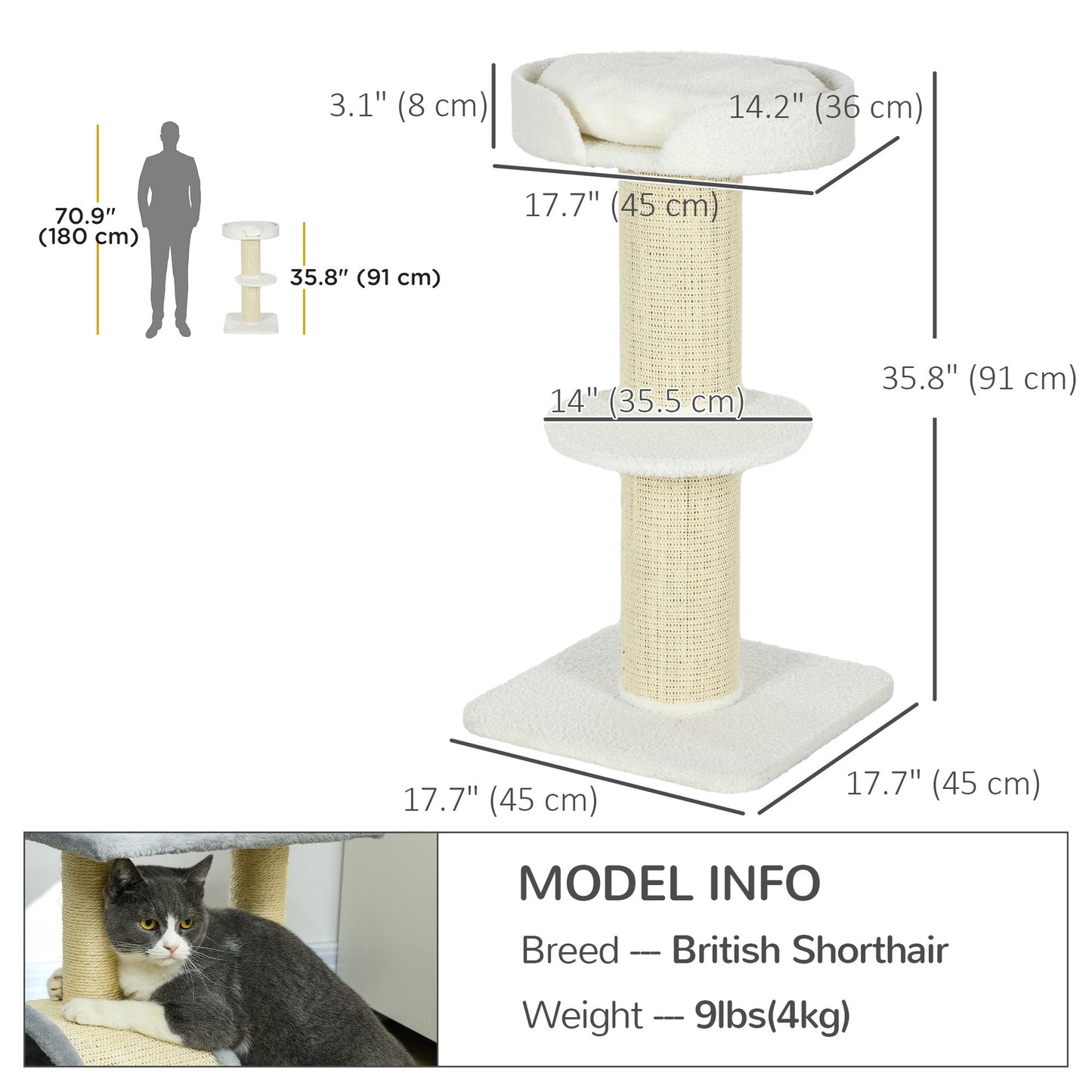 36"H Large Cat Scratching Post for Indoor Cats, Bold Cat Tree Multi-Level Kitty Tower with Sisal Mat Scratch Rope, Cat Bed, Removable Cushion, Perch, Cream White
