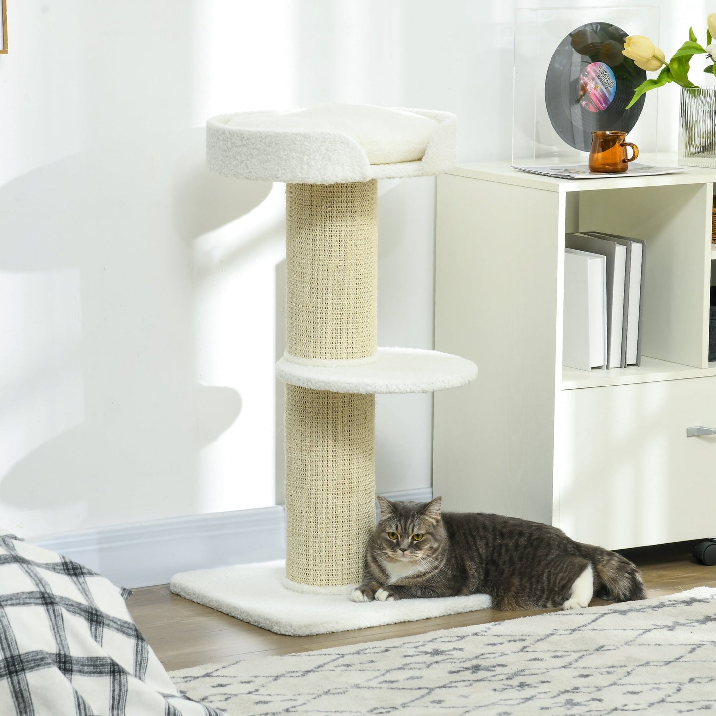 36"H Large Cat Scratching Post for Indoor Cats, Bold Cat Tree Multi-Level Kitty Tower with Sisal Mat Scratch Rope, Cat Bed, Removable Cushion, Perch, Cream White