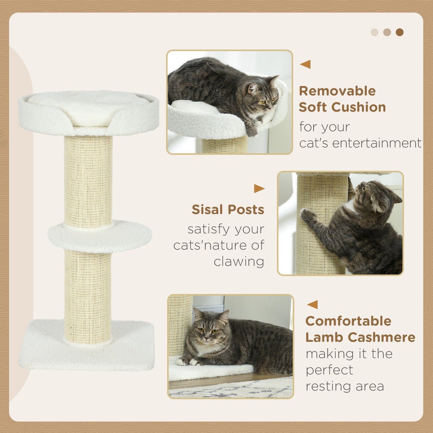 36"H Large Cat Scratching Post for Indoor Cats, Bold Cat Tree Multi-Level Kitty Tower with Sisal Mat Scratch Rope, Cat Bed, Removable Cushion, Perch, Cream White