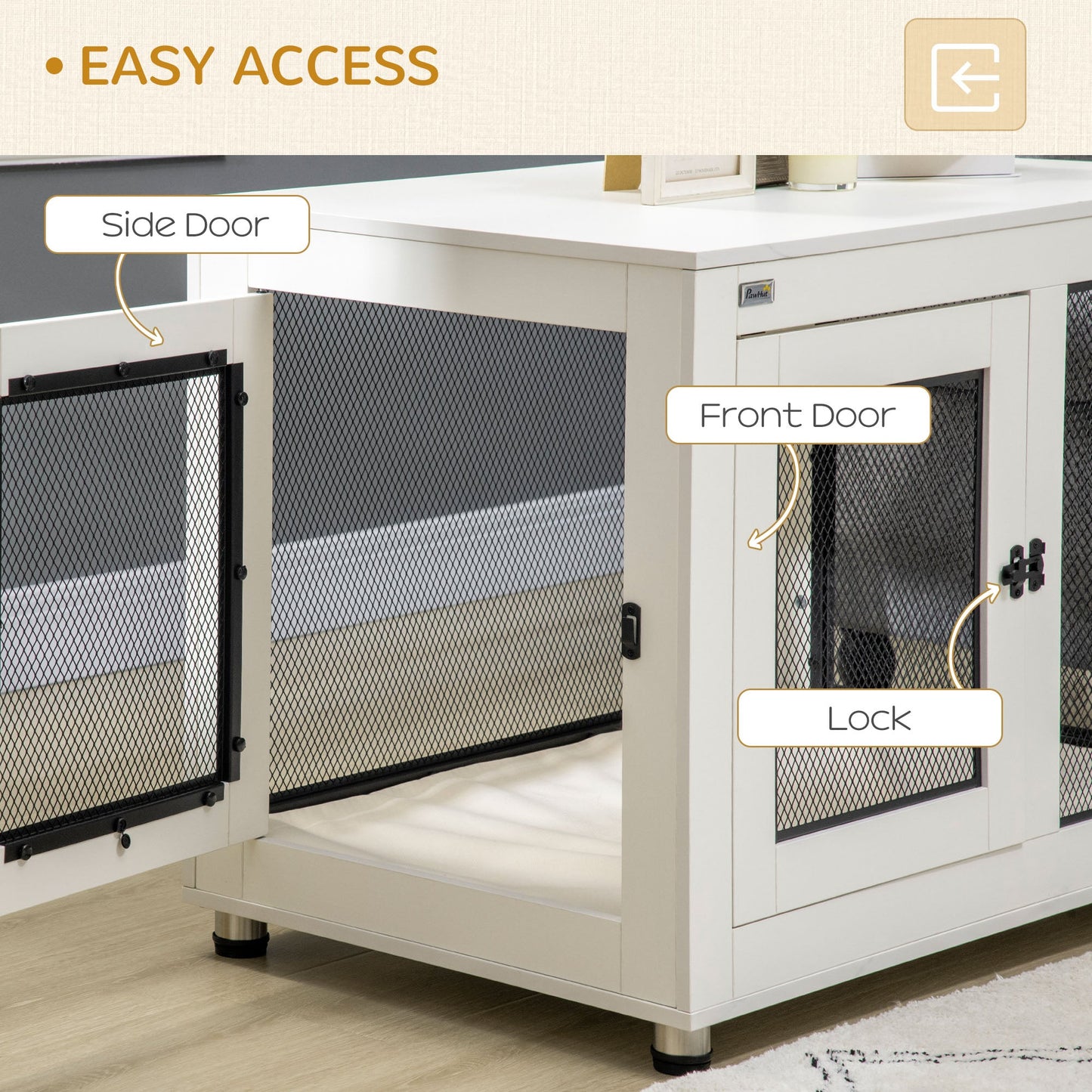 37in Dog Crate Furniture with Cushion, Indoor Pet Kennel End Table with 2 Doors, for Large Dogs, White