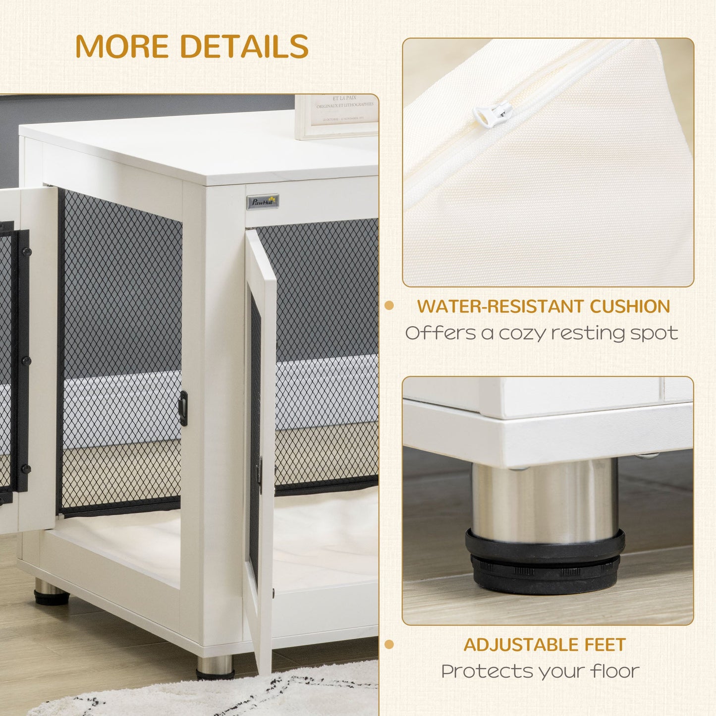37in Dog Crate Furniture with Cushion, Indoor Pet Kennel End Table with 2 Doors, for Large Dogs, White