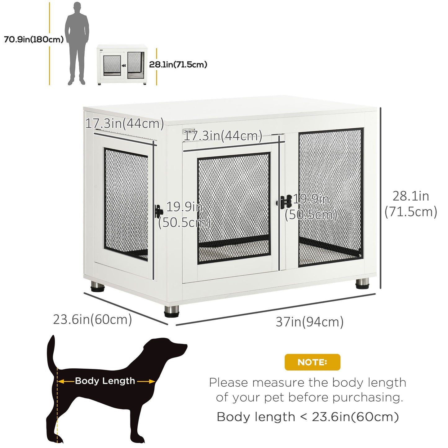 37in Dog Crate Furniture with Cushion, Indoor Pet Kennel End Table with 2 Doors, for Large Dogs, White