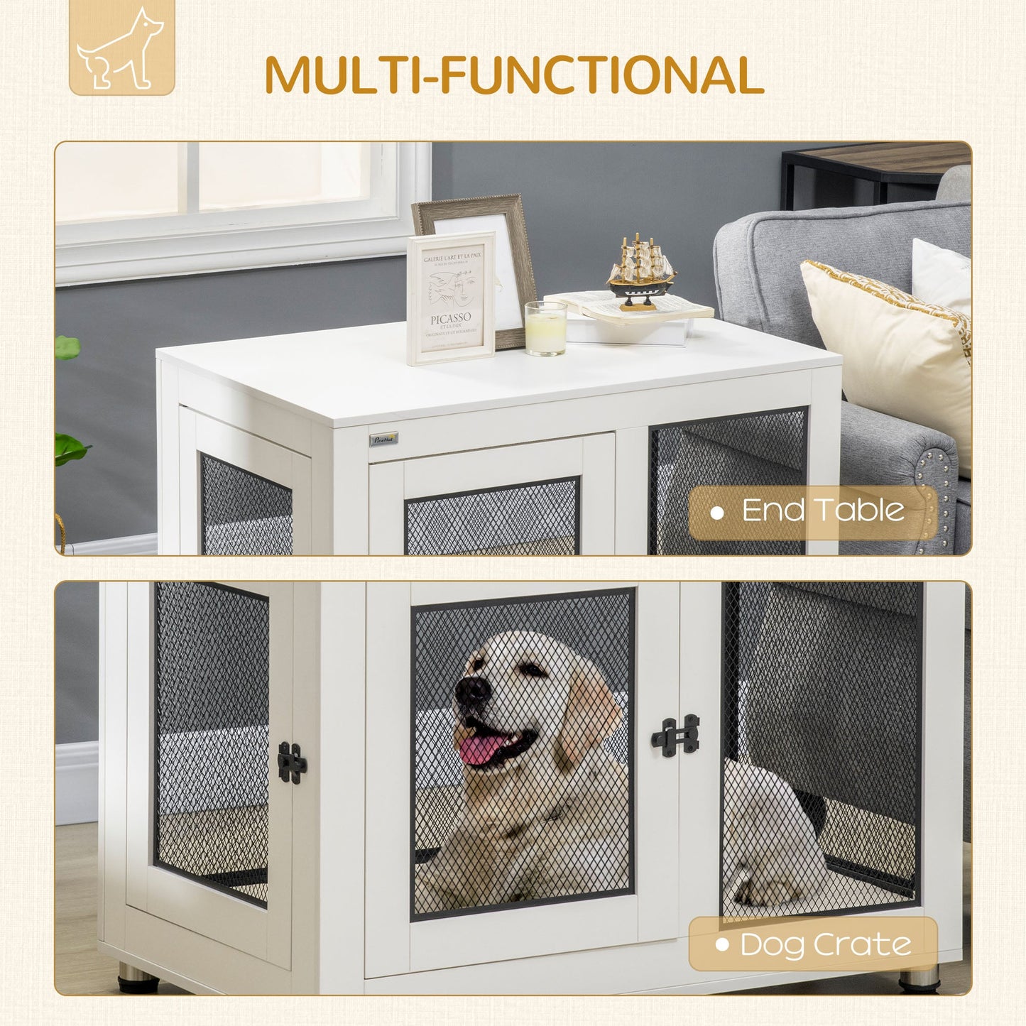 37in Dog Crate Furniture with Cushion, Indoor Pet Kennel End Table with 2 Doors, for Large Dogs, White