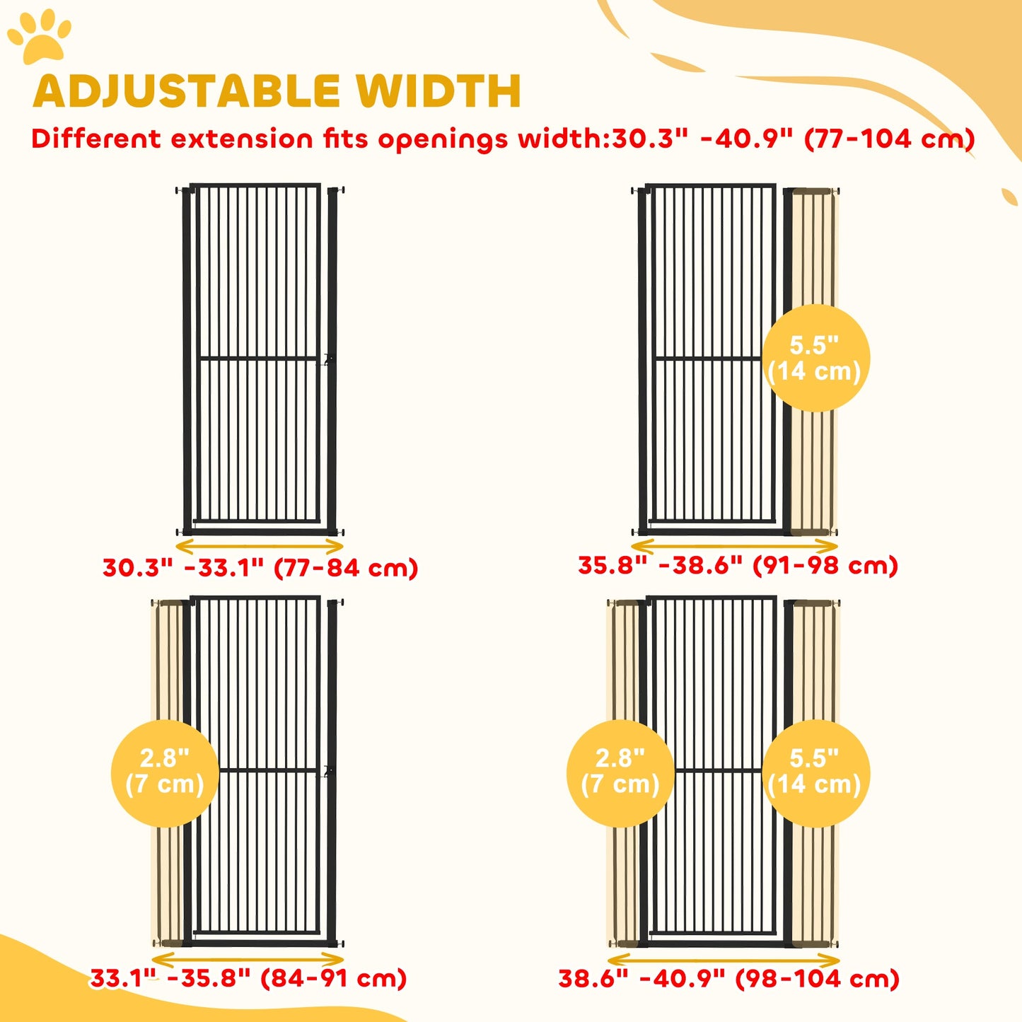 59"H Extra Tall Cat Gate, 30"-41"W Steel Pet Gate for Doorway, Hallway, Pressure Mounted Kit No Drilling Dog Gate with 1.4" Extra Narrow Gap, 2.8" & 5.5" Extensions, Black