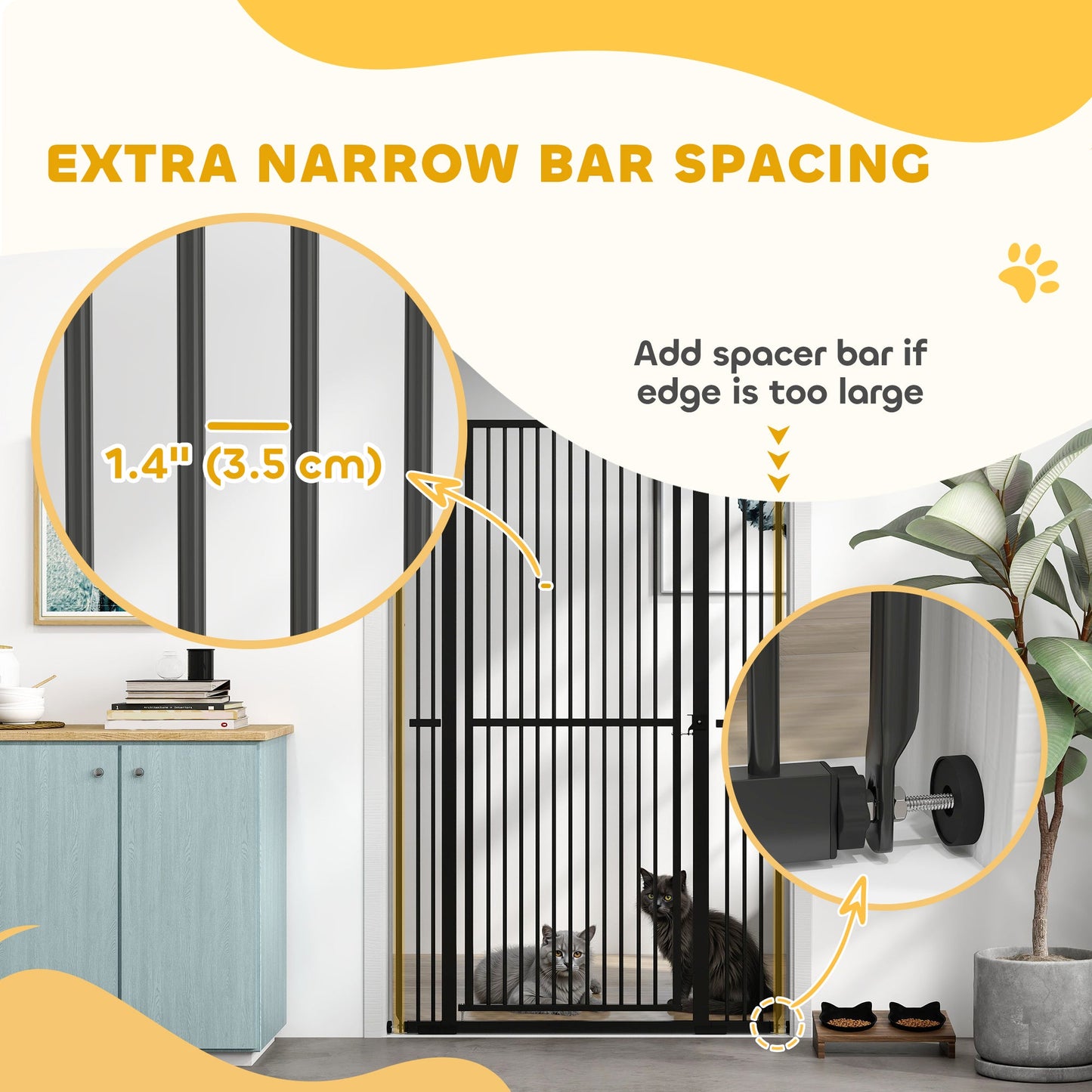59"H Extra Tall Cat Gate, 30"-41"W Steel Pet Gate for Doorway, Hallway, Pressure Mounted Kit No Drilling Dog Gate with 1.4" Extra Narrow Gap, 2.8" & 5.5" Extensions, Black