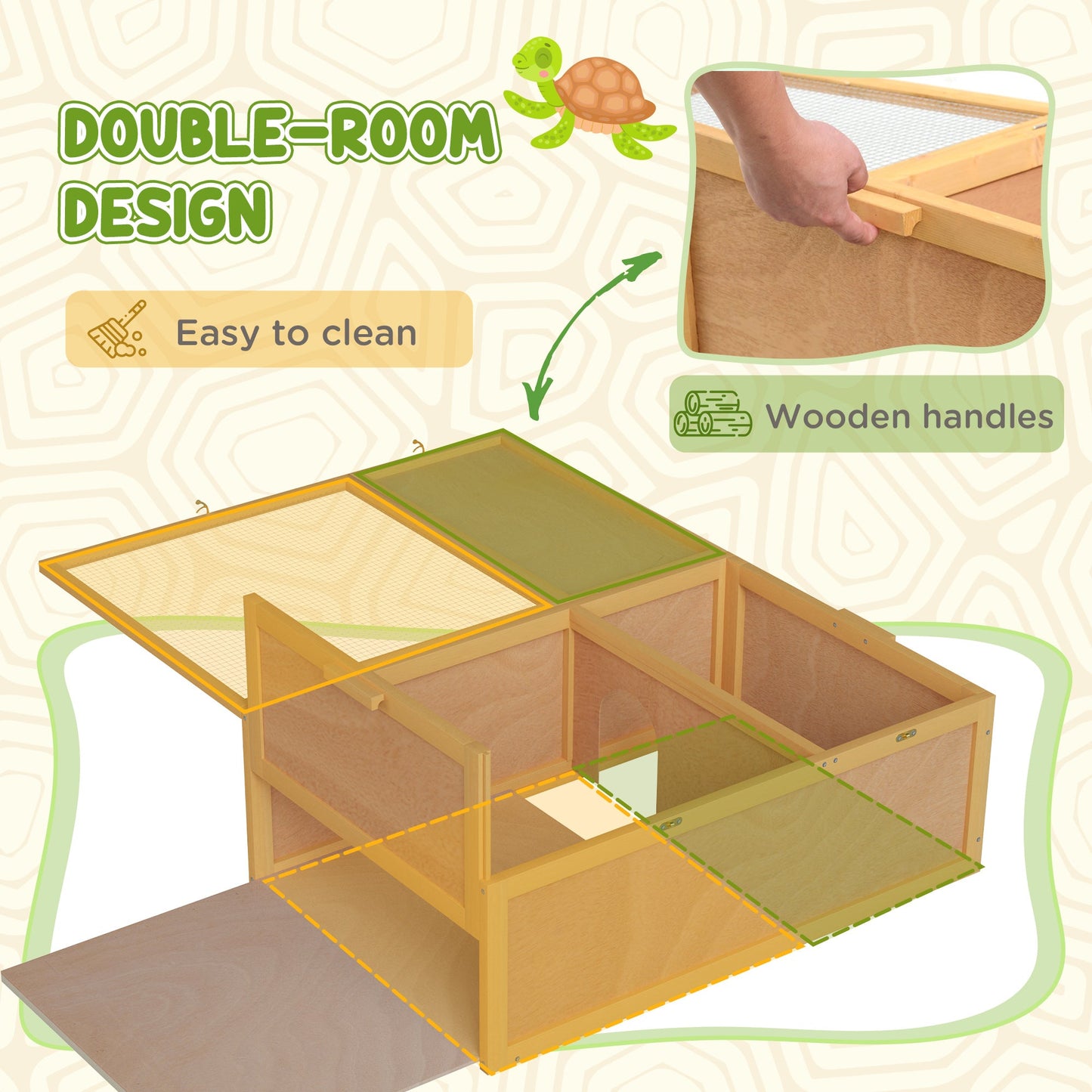 Tortoise Enclosure, Wooden Turtle Tank Reptile Terrarium with Two Room Design, for Indoor Use, 37" x 25" x 13", Nature Wood