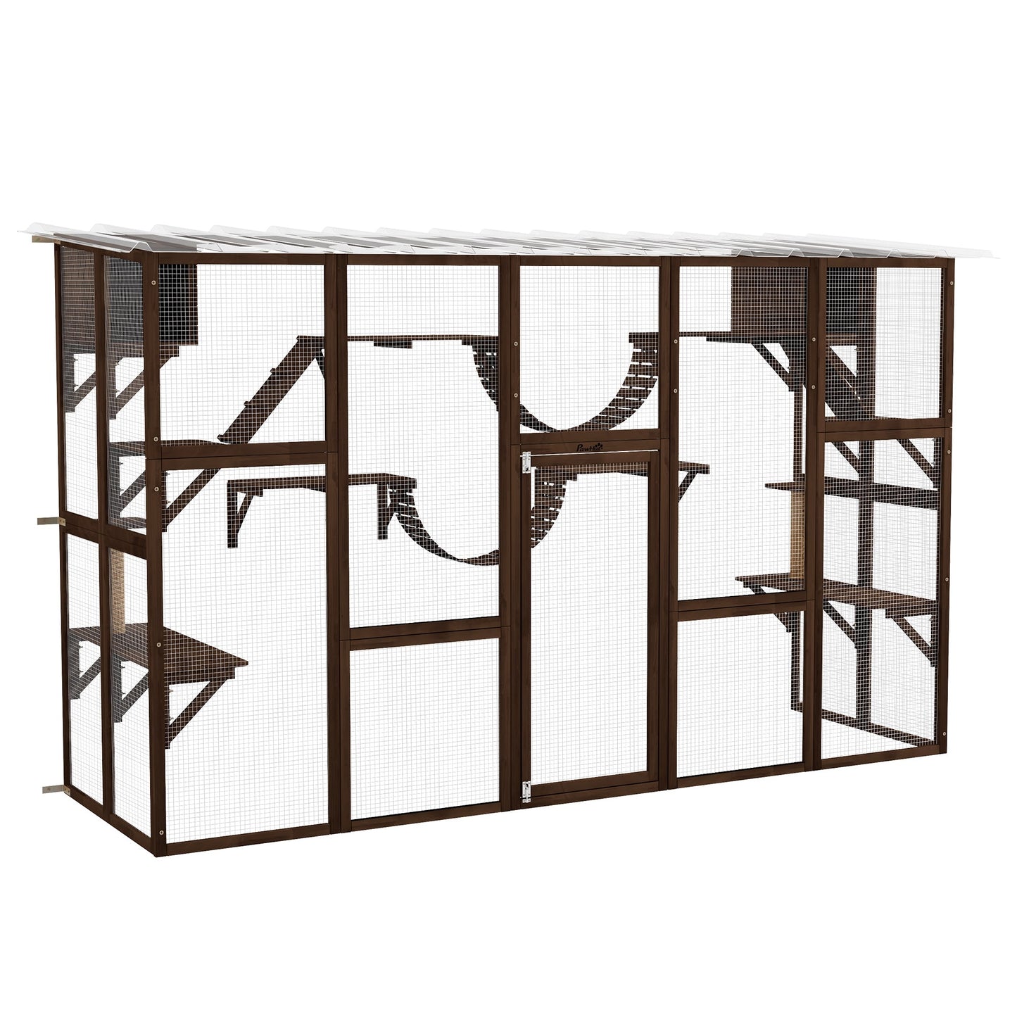 Catio, Large Outdoor Cat Enclosure with Cat Condos, Platforms, Ladders, Doors, Weather-Resistant Roof, Wooden Cat Cage for 1-4 Cats, Espresso