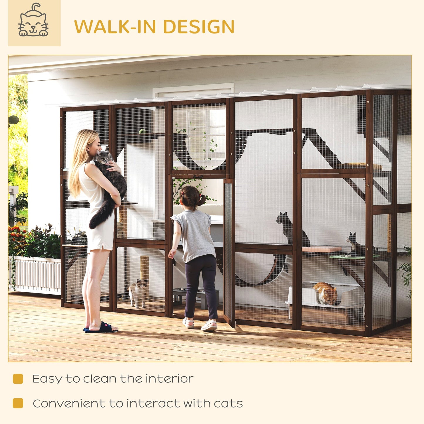 Catio, Large Outdoor Cat Enclosure with Cat Condos, Platforms, Ladders, Doors, Weather-Resistant Roof, Wooden Cat Cage for 1-4 Cats, Espresso