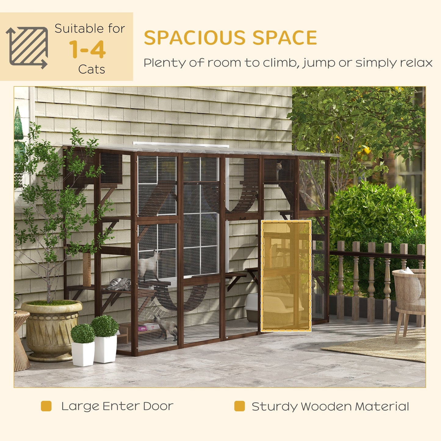 Catio, Large Outdoor Cat Enclosure with Cat Condos, Platforms, Ladders, Doors, Weather-Resistant Roof, Wooden Cat Cage for 1-4 Cats, Espresso