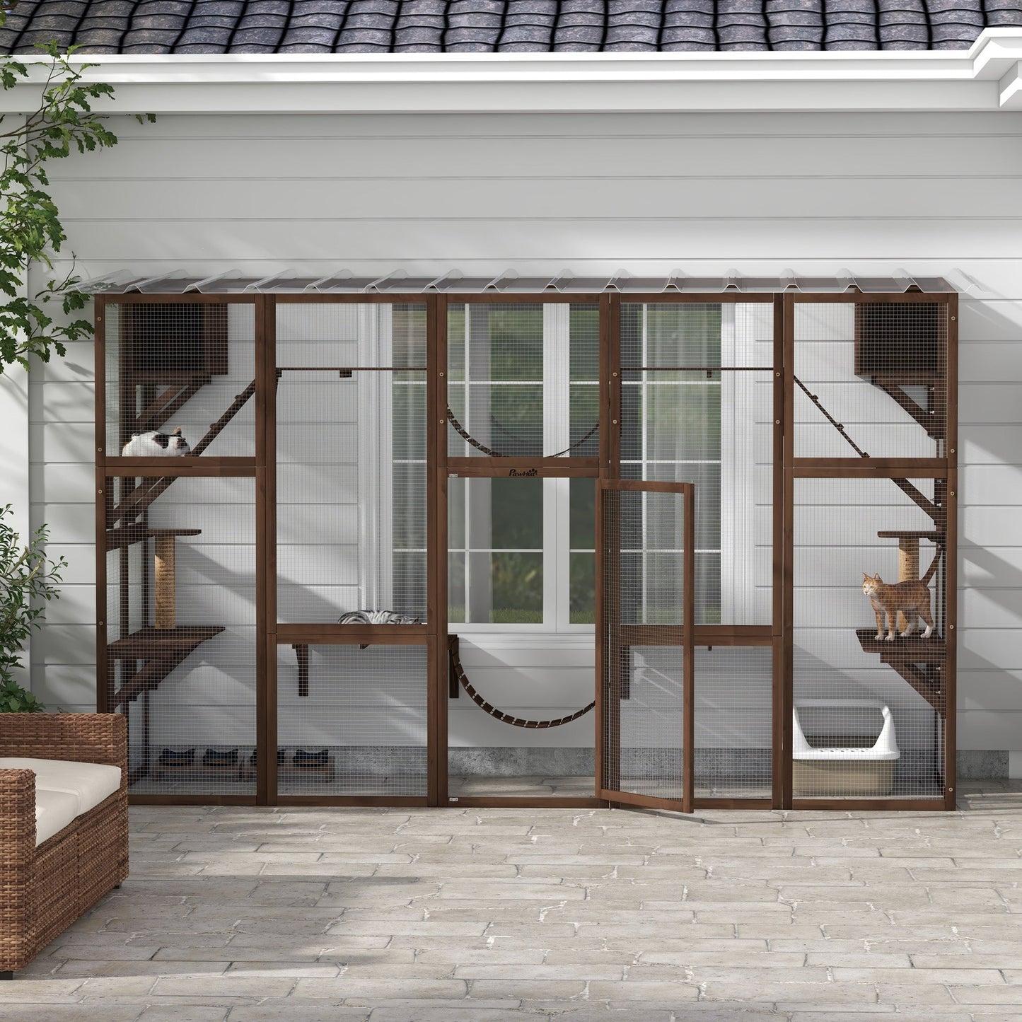 Catio, Large Outdoor Cat Enclosure with Cat Condos, Platforms, Ladders, Doors, Weather-Resistant Roof, Wooden Cat Cage for 1-4 Cats, Espresso