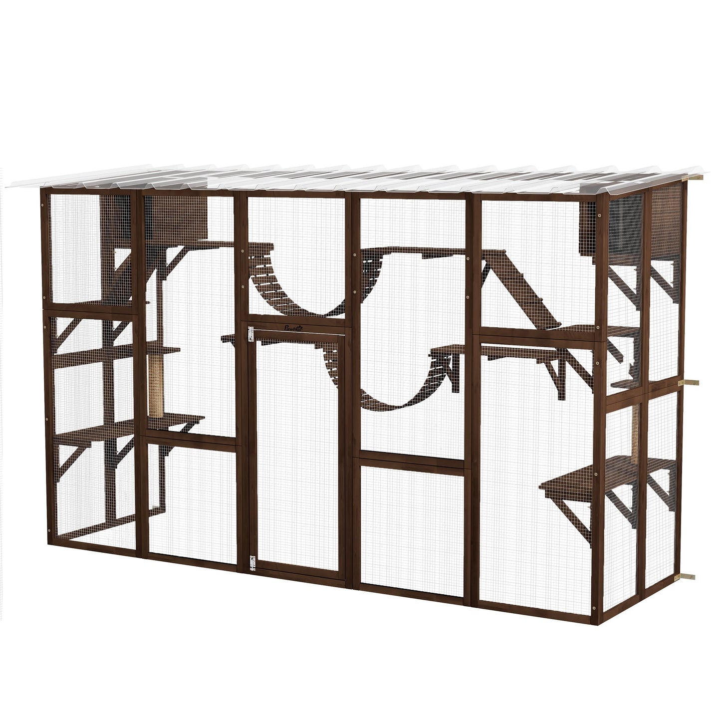 Catio, Large Outdoor Cat Enclosure with Cat Condos, Platforms, Ladders, Doors, Weather-Resistant Roof, Wooden Cat Cage for 1-4 Cats, Espresso