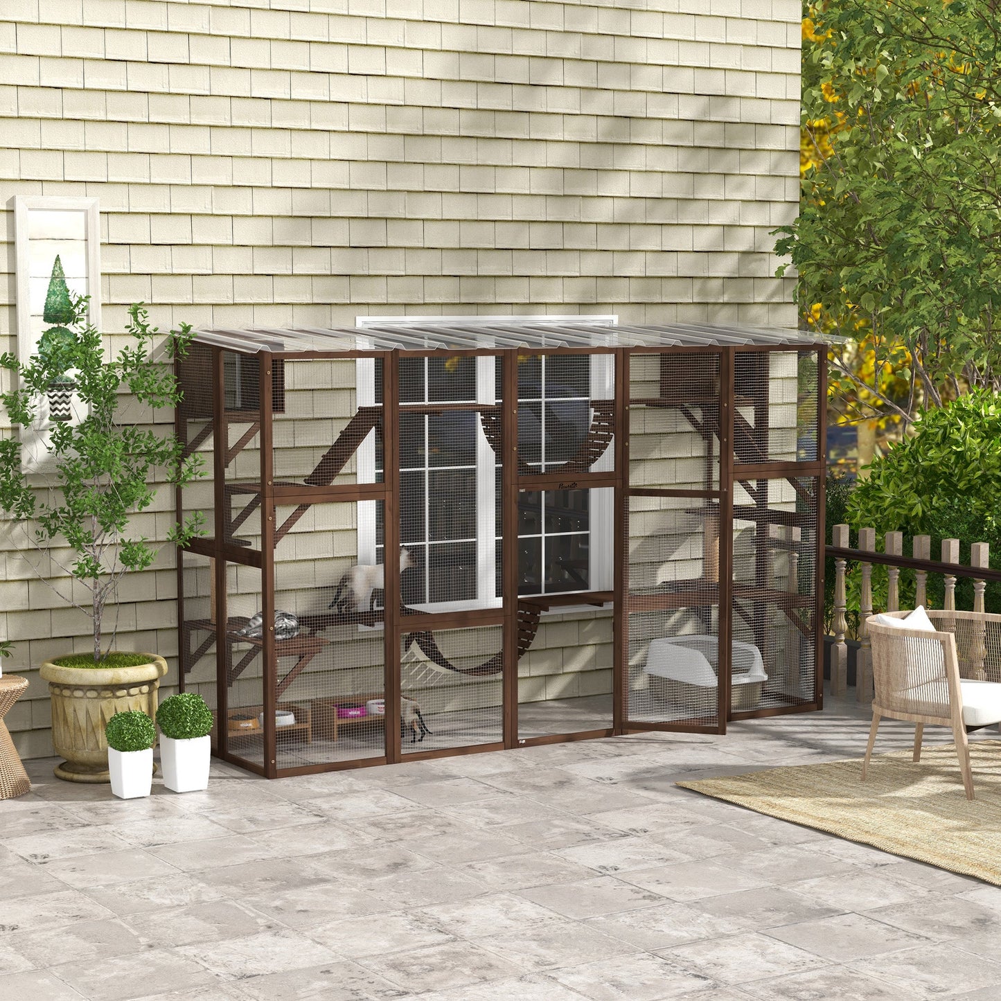 Catio, Large Outdoor Cat Enclosure with Cat Condos, Platforms, Ladders, Doors, Weather-Resistant Roof, Wooden Cat Cage for 1-4 Cats, Espresso