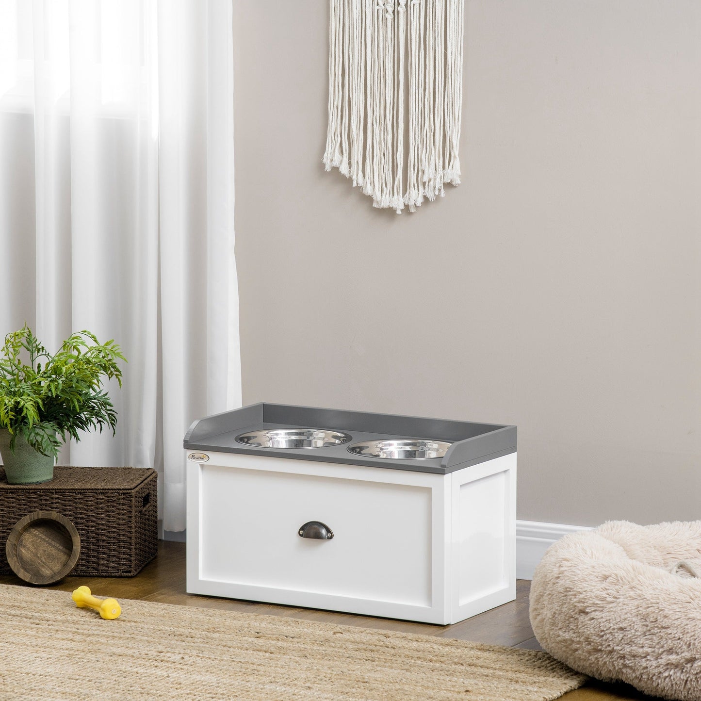 Elevated Dog Bowls for Large Dogs, Raised Pet Feeding Station with 2 Stainless Steel Bowls, Hidden Storage Drawer, Wood Stand for Cats, White