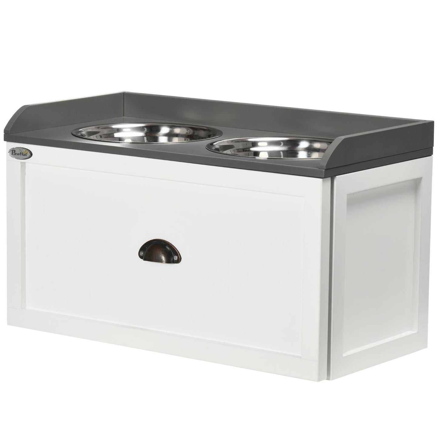 Elevated Dog Bowls for Large Dogs, Raised Pet Feeding Station with 2 Stainless Steel Bowls, Hidden Storage Drawer, Wood Stand for Cats, White