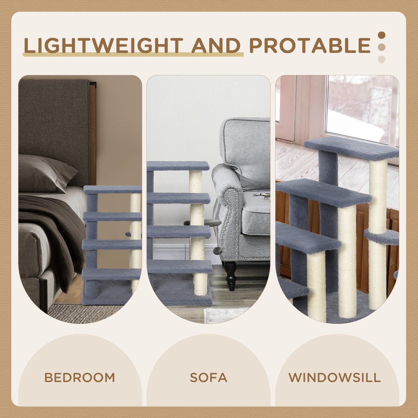 Cat Stairs 4 Steps for Bed, Couch with Scratching Posts, Small Cat Tree for Indoor Cats with Toy Ball, 23.5" x 16" x 25", Grey